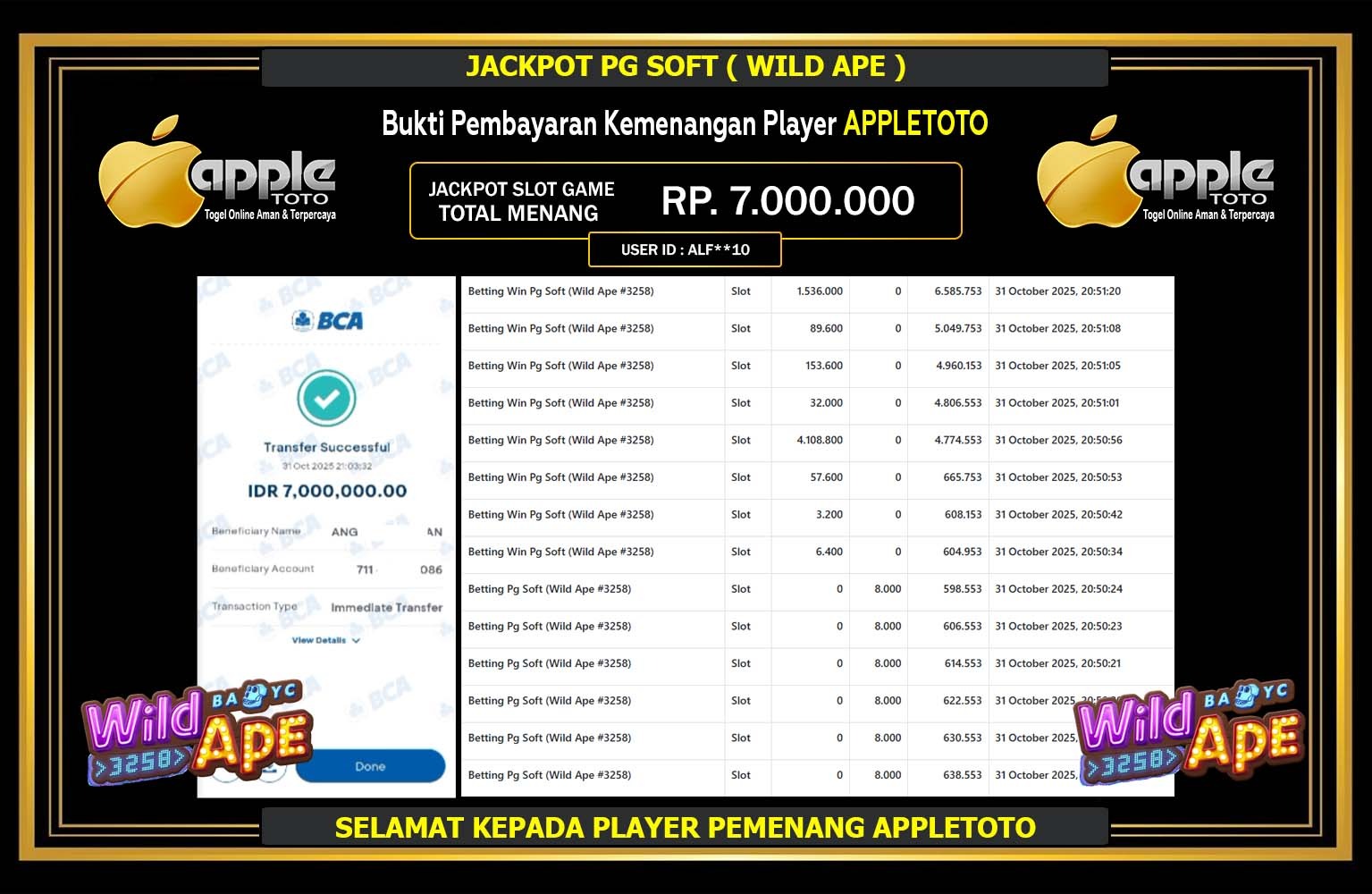 APPLETOTO JACKPOT PG SOFT (WILD APE) Rp.7.000.000,- LUNAS