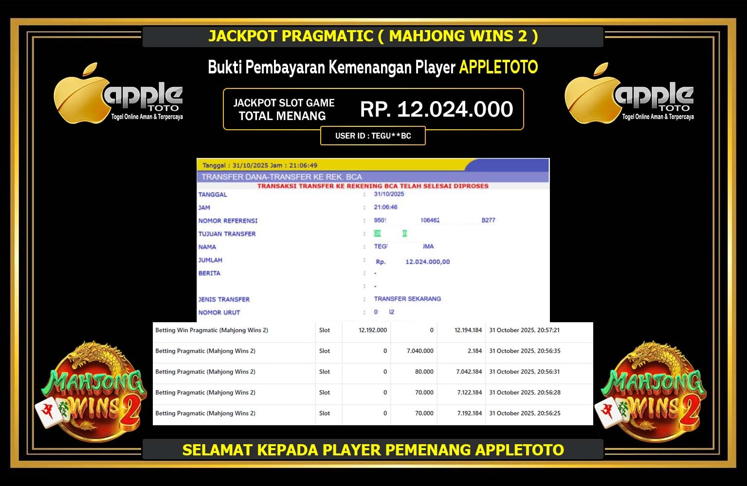 APPLETOTO JACKPOT PRGAMATIC (MAHJONG WINS 2) Rp.12.024.000,- LUNAS