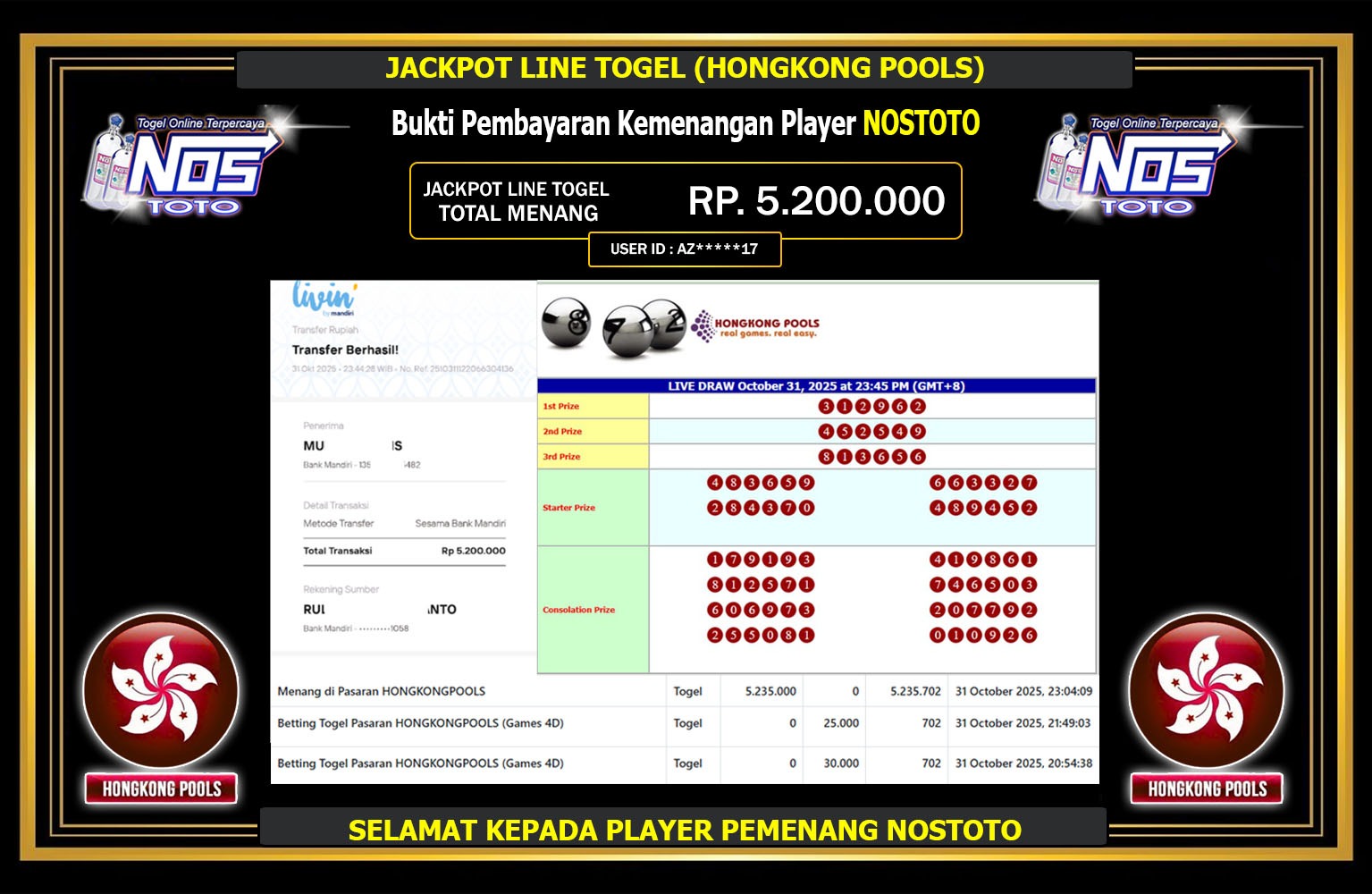 NOSTOTO JACKPOT LINE TOGEL (HONGKONG POOLS) Rp.5.200.000,- LUNAS
