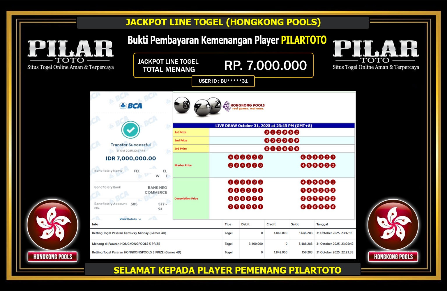 PILARTOTO JACKPOT LINE TOGEL (HONGKONG POOLS) Rp.7.000.000,- LUNAS