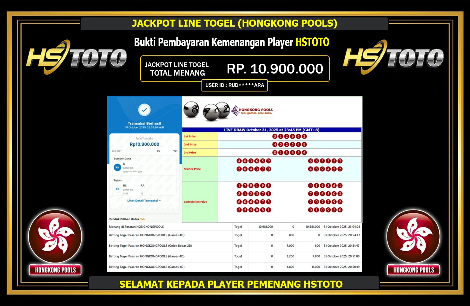 HSTOTO JACKPOT LINE TOGEL (HONGKONG POOLS) Rp.10.900.000,- LUNAS