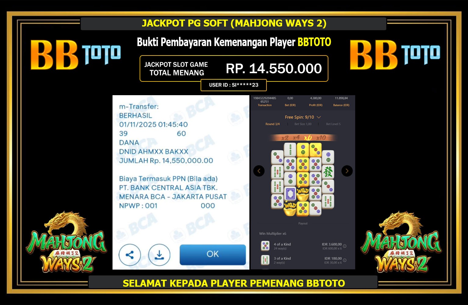 BBTOTO JACKPOT PG SOFT (MAHJONG WAYS 2) Rp.14.550.000,- LUNAS