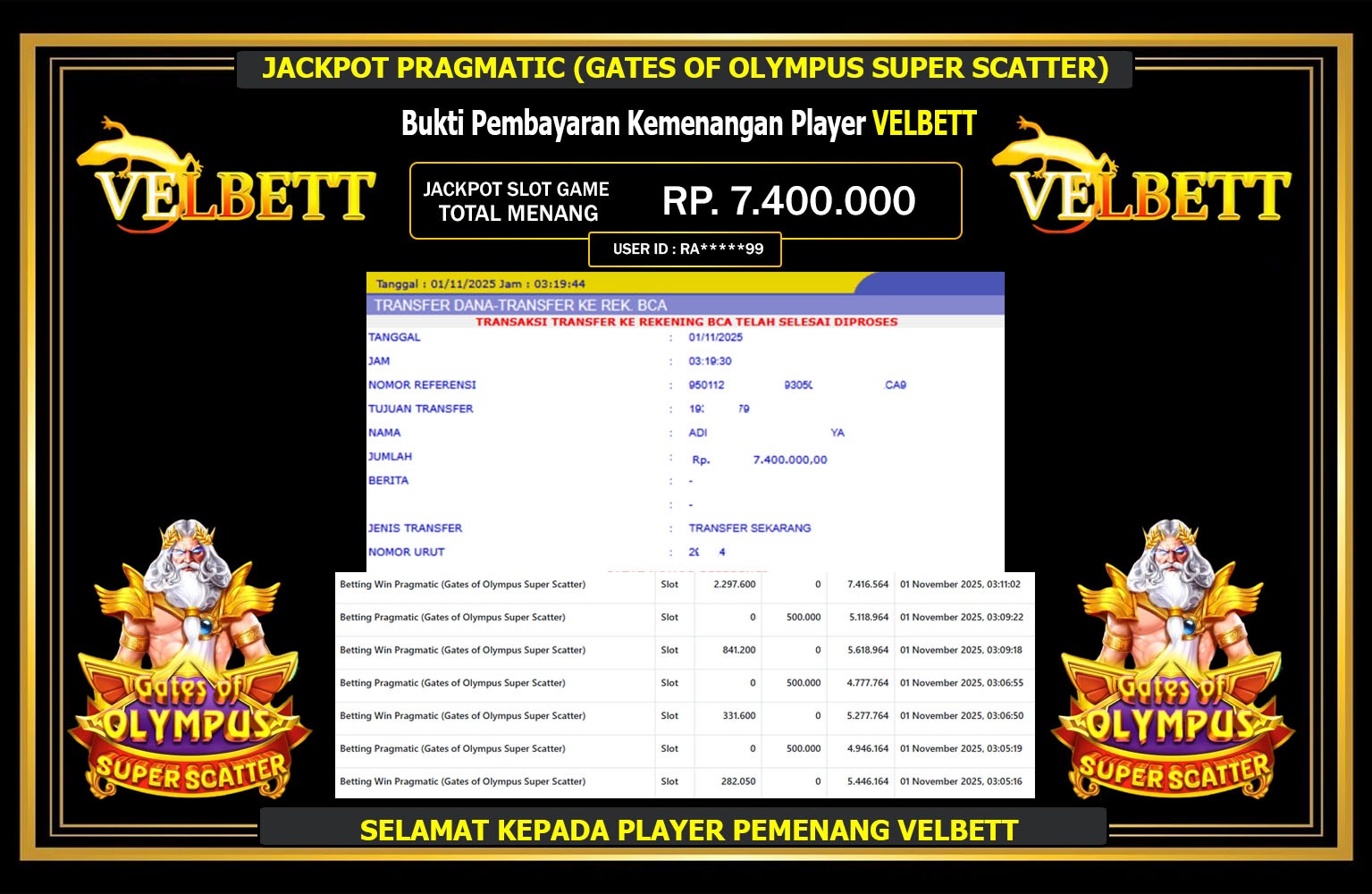 VELBETT JACKPOT PRAGMATIC (GATES OF OLYMPUS SUPER SCATTER) Rp.7.400.000,- LUNAS