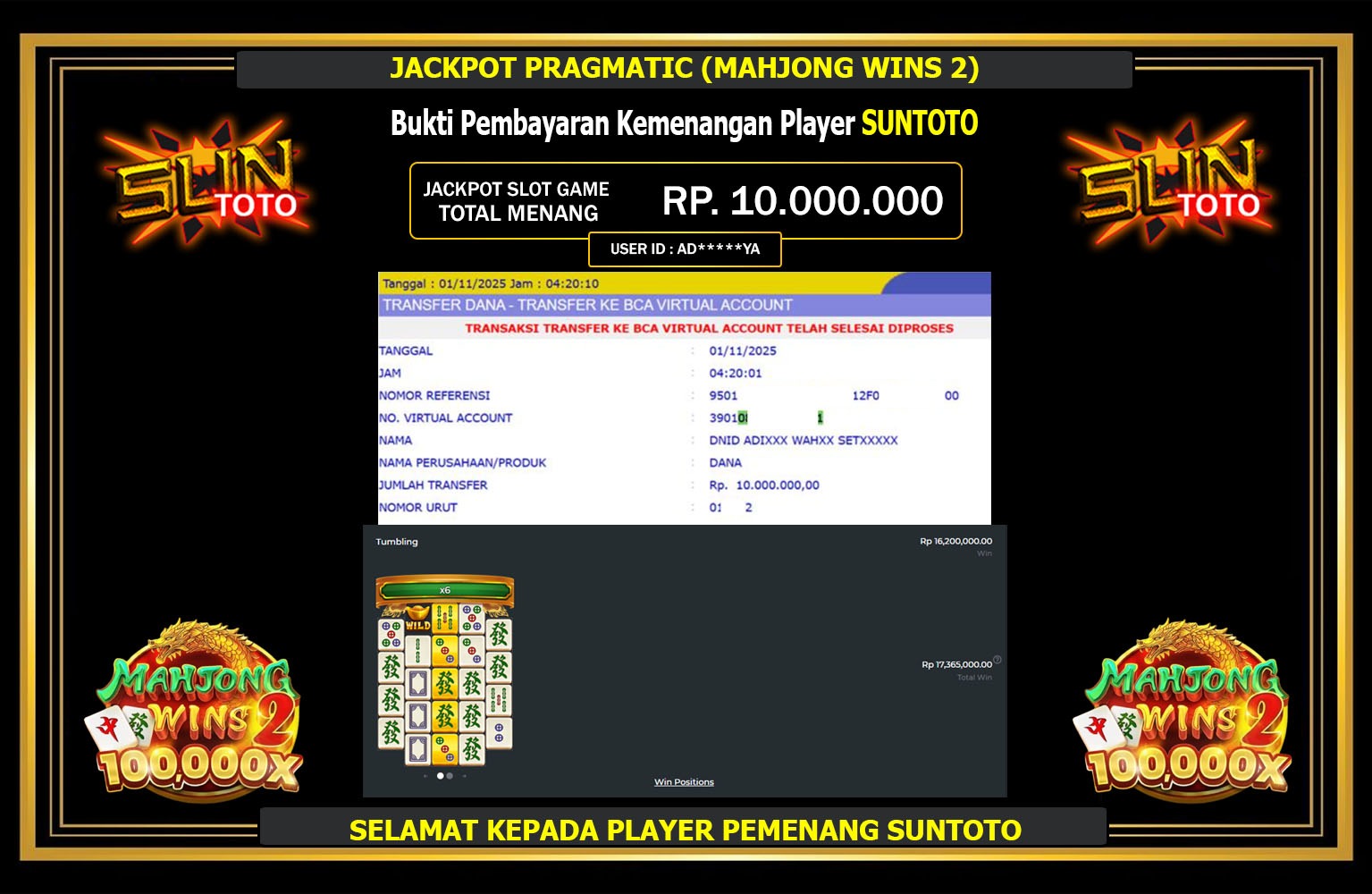 SUNTOTO JACKPOT PRAGMATIC (MAHJONG WINS 2) Rp.10.000.000,- LUNAS