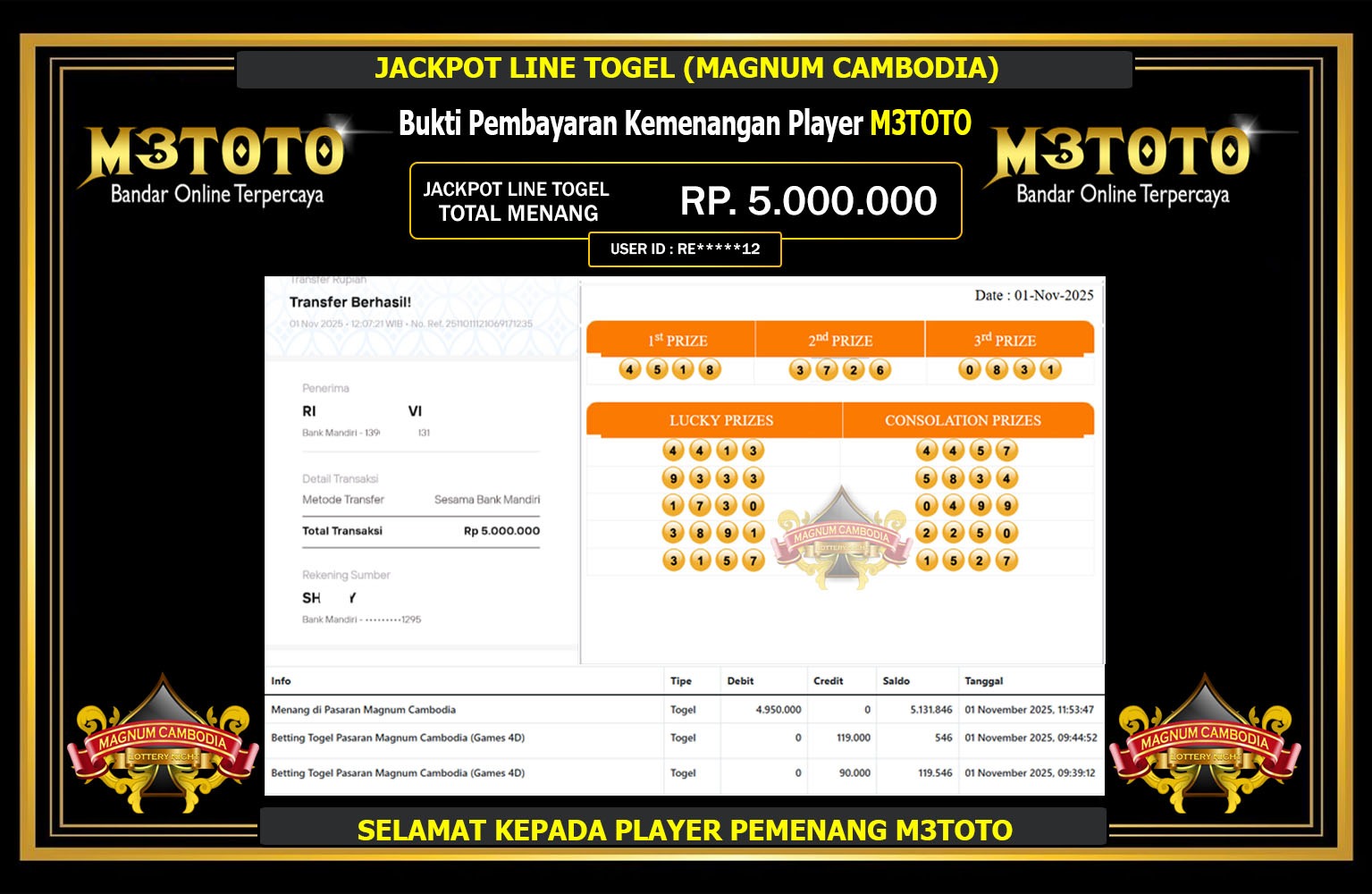 M3TOTO JACKPOT LINE TOGEL (MAGNUM CAMBODIA) Rp.5.000.000,- LUNAS