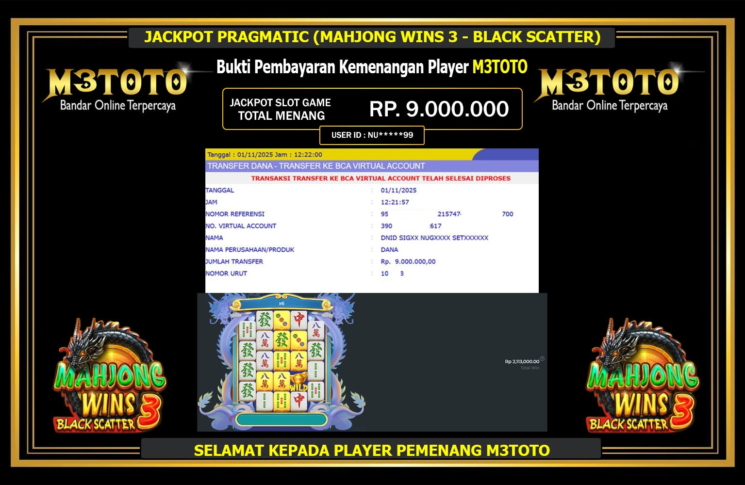 M3TOTO JACKPOT PRAGMATIC (MAHJONG WINS 3 - BLACK SCATTER) Rp.9.000.000,- LUNAS