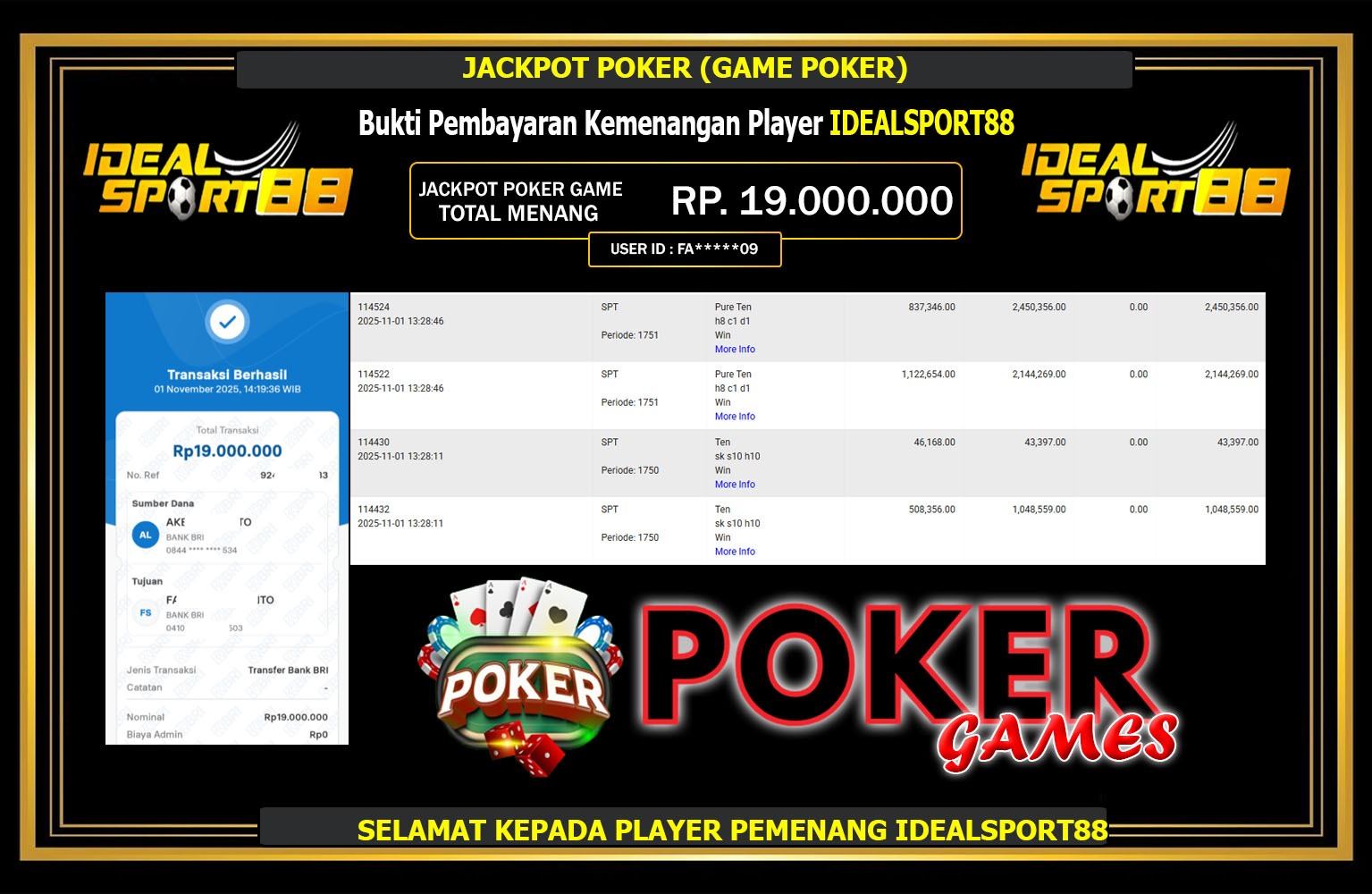IDEALSPORT88 JACKPOT POKER (GAME POKER) Rp.19.000.000,- LUNAS