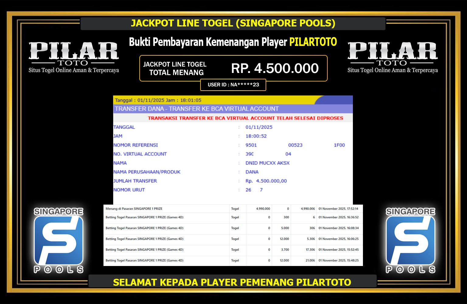 PILARTOTO JACKPOT LINE TOGEL (SINGAPORE POOLS) Rp.4.500.000,- LUNAS