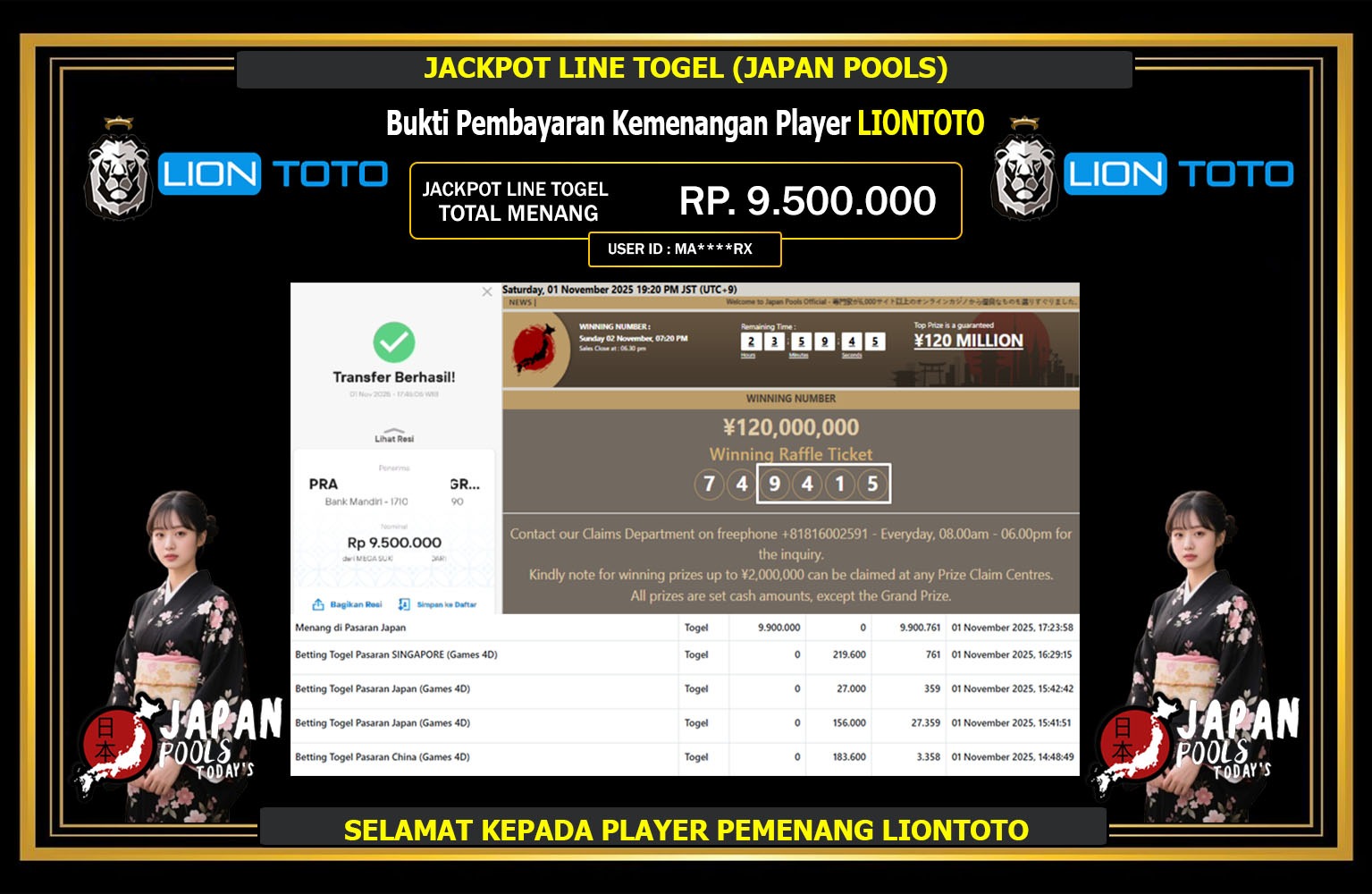 LIONTOTO JACKPOT LINE TOGEL (JAPAN POOLS) Rp.9.500.000,- LUNAS