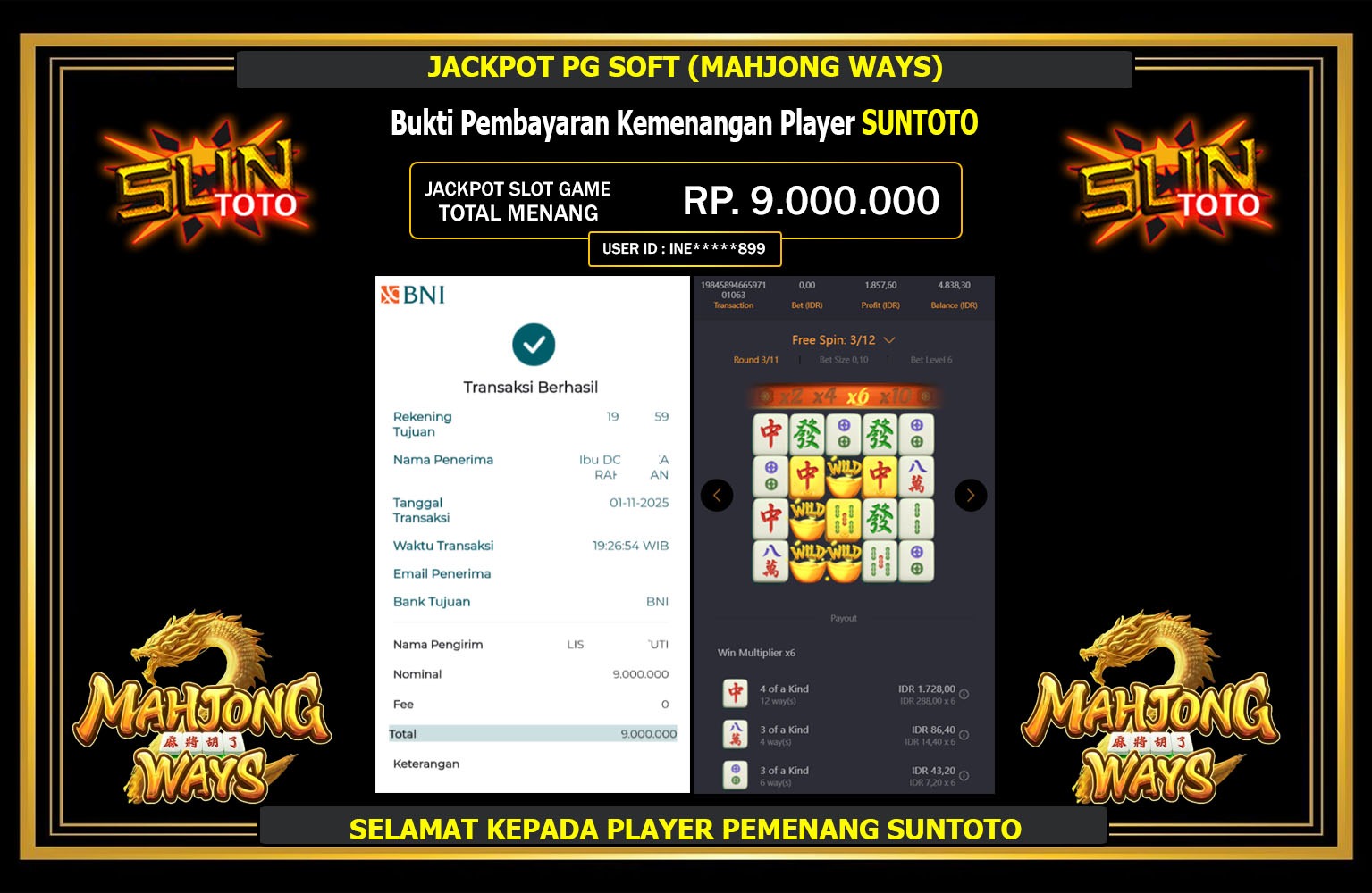 SUNTOTO JACKPOT PG SOFT (MAHJONG WAYS) Rp.9.000.000,- LUNAS