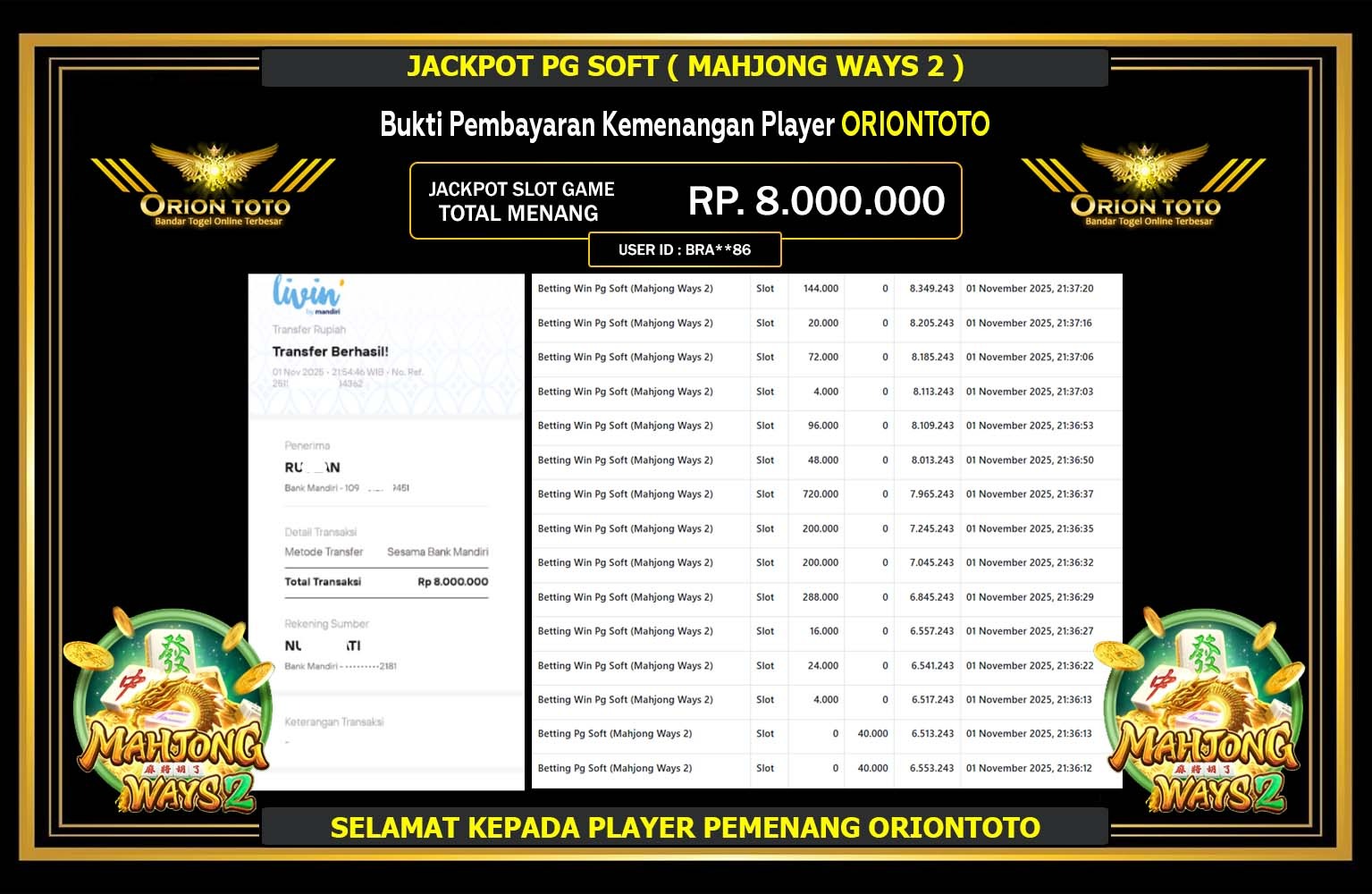 ORIONTOTO JACKPOT PG SOFT (MAHJONG WAYS 2) Rp.9.000.000,- LUNAS