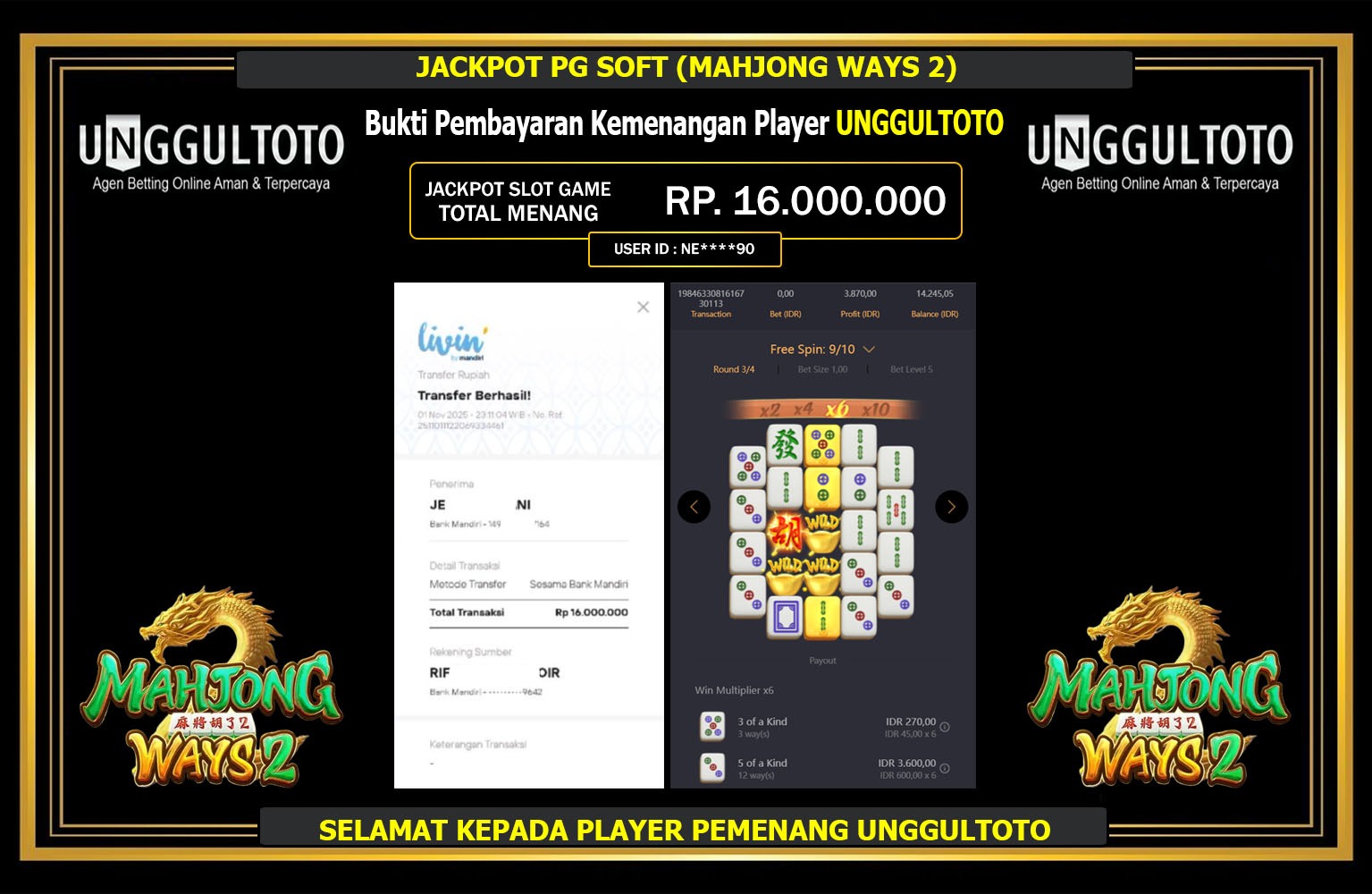 UNGGULTOTO JACKPOT PG SOFT (MAHJONG WAYS 2) Rp.16.000.000,- LUNAS