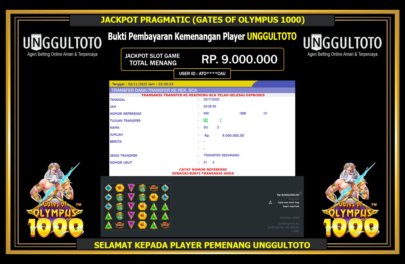 UNGGULTOTO JACKPOT PRAGMATIC (GATES OF OLYMPUS 1000) Rp.9.000.000,- LUNAS