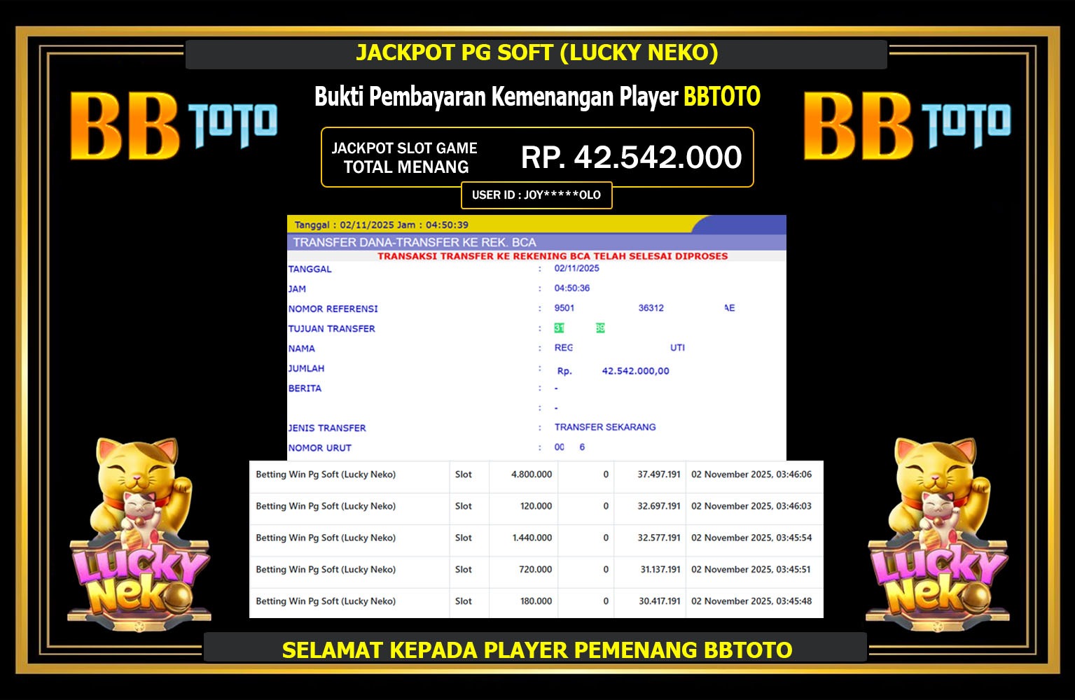 BBTOTO JACKPOT PG SOFT (LUCKY NEKO) Rp.42.542.000,- LUNAS