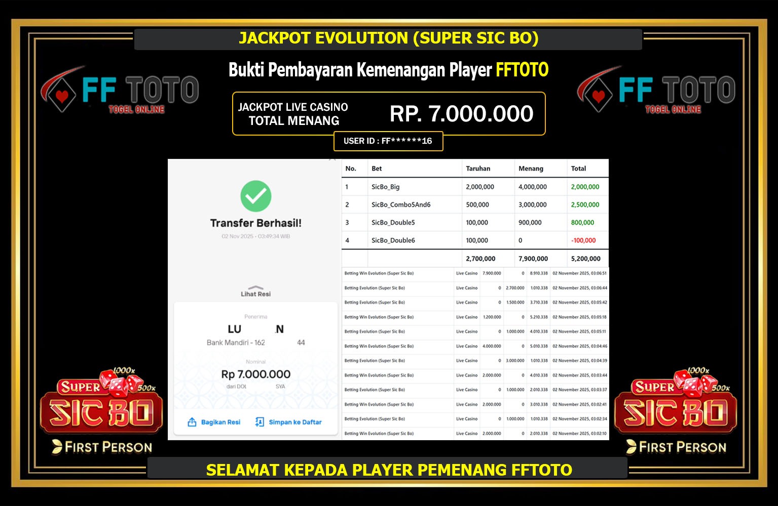 FFTOTO JACKPOT EVOLUTION (SUPER SIC BO) Rp.7.000.000,- LUNAS