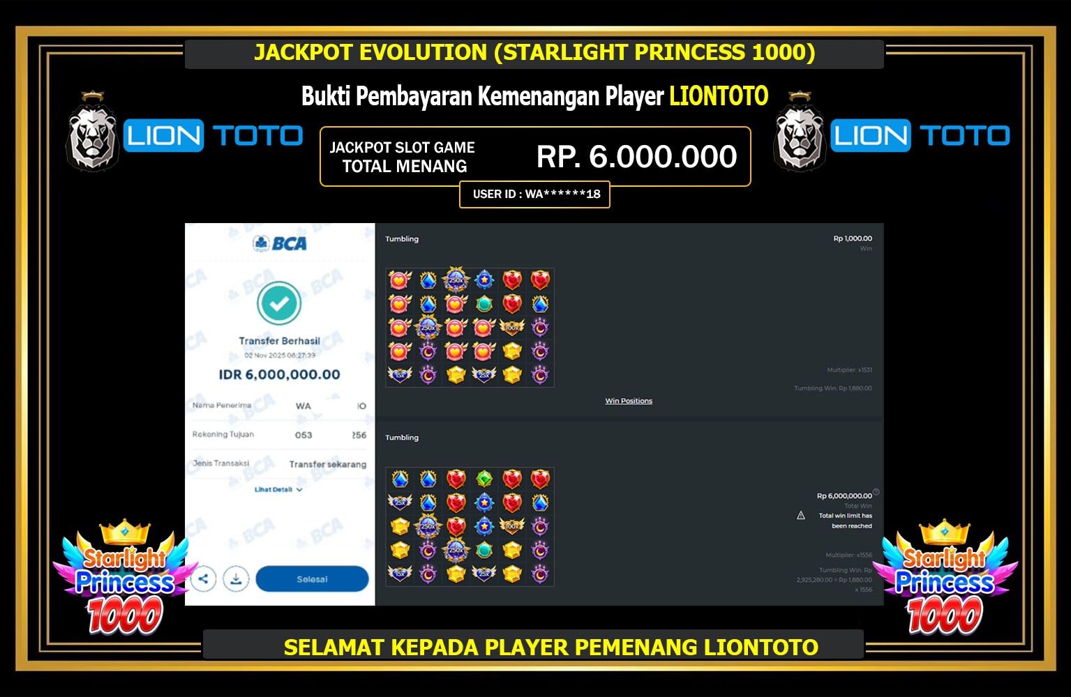 LIONTOTO JACKPOT PRAGMATIC (STARLIGHT PRINCESS 1000) Rp.6.000.000,- LUNAS