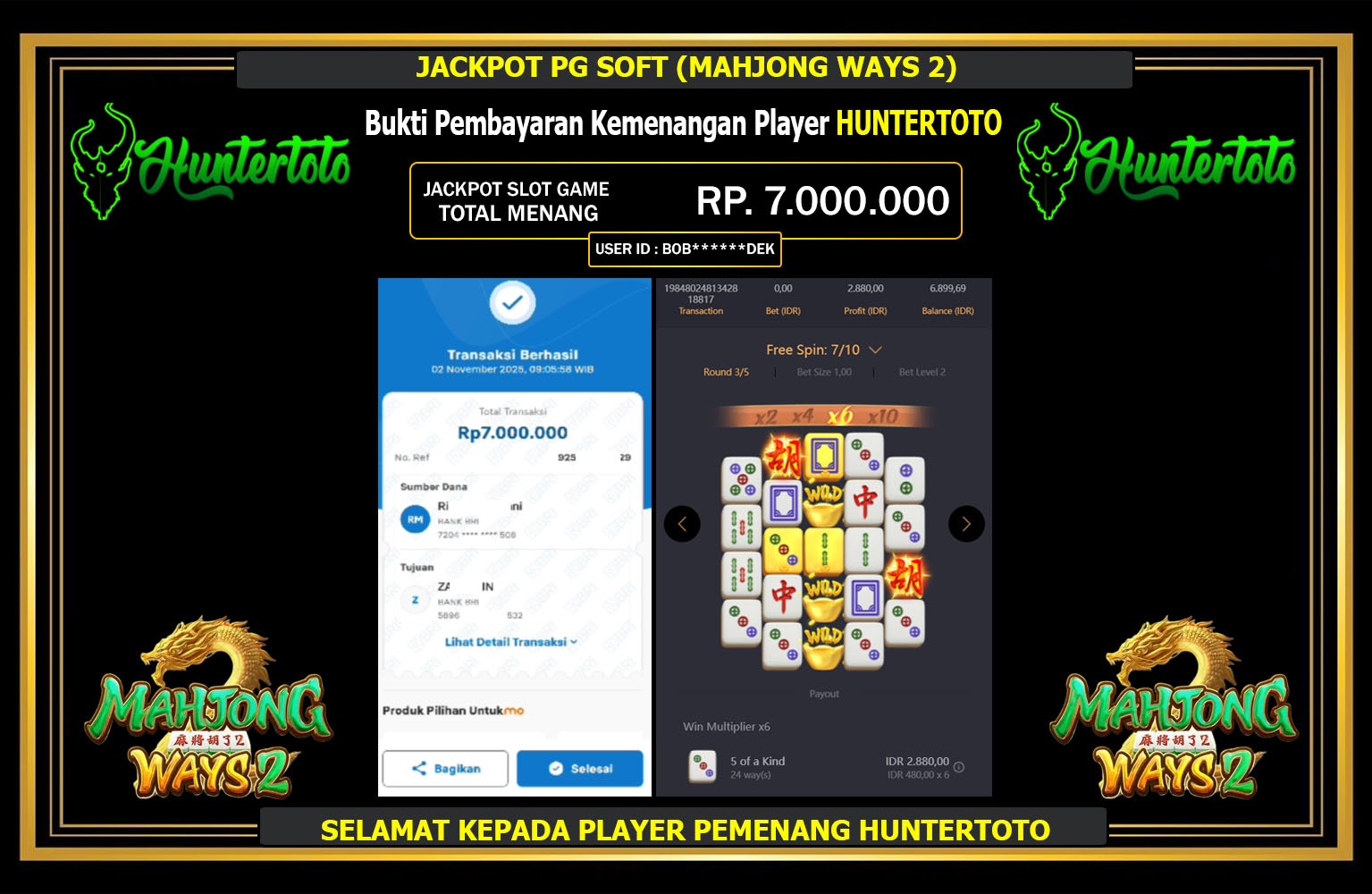 HUNTERTOTO JACKPOT PG SOFT (MAHJONG WAYS 2) Rp.7.000.000,- LUNAS
