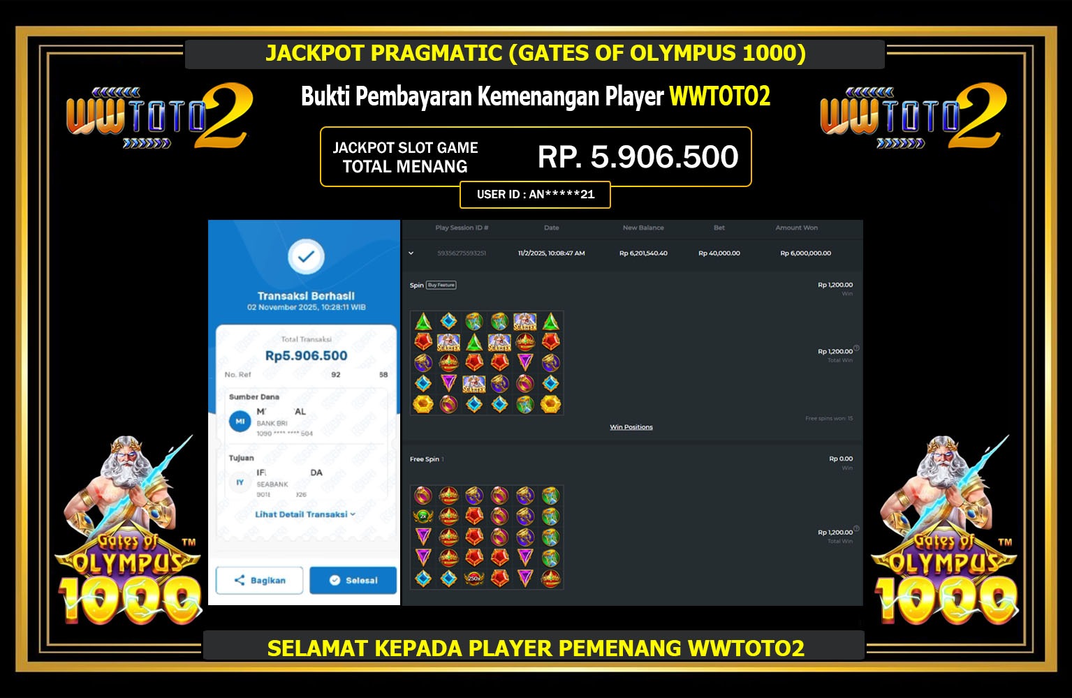 WWTOTO2 JACKPOT PRAGMATIC (GATES OF OLYMPUS 1000) Rp.5.906.500,- LUNAS