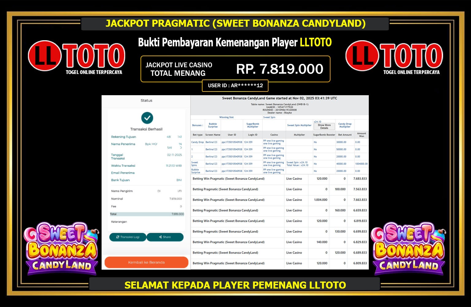 LLTOTO JACKPOT PRAGMATIC (SWEET BONANZA CANDYLAND) Rp.7.819.000,- LUNAS