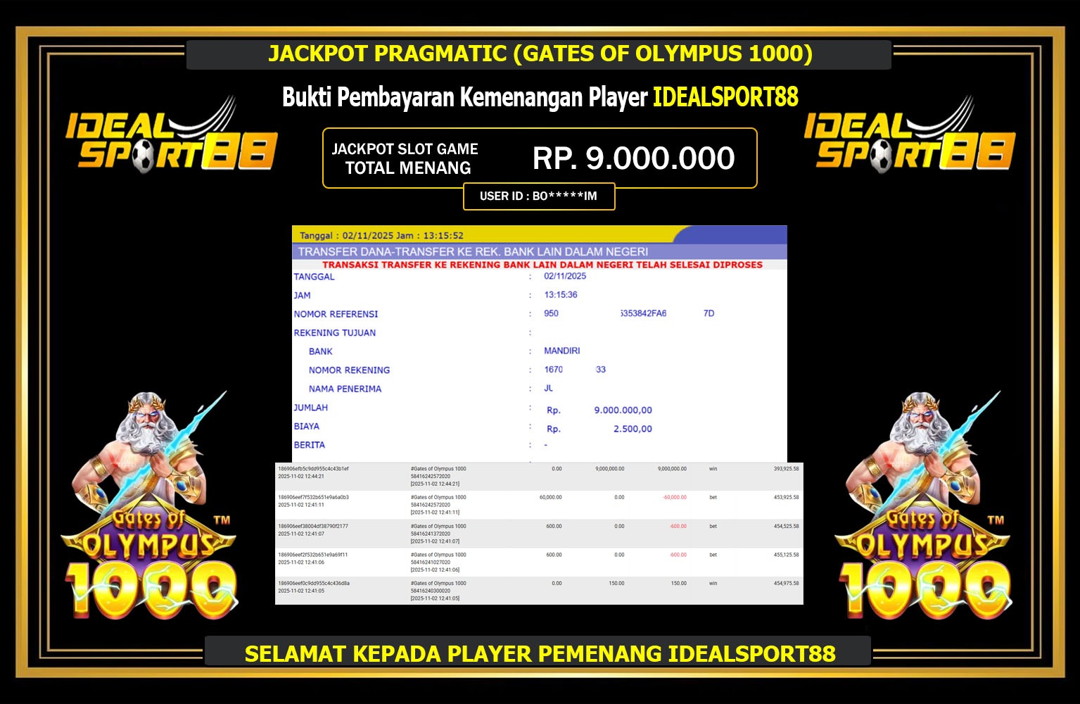 IDEALSPORT88 JACKPOT PRAGMATIC (GATES OF OLYMPUS 1000) Rp.9.000.000,- LUNAS