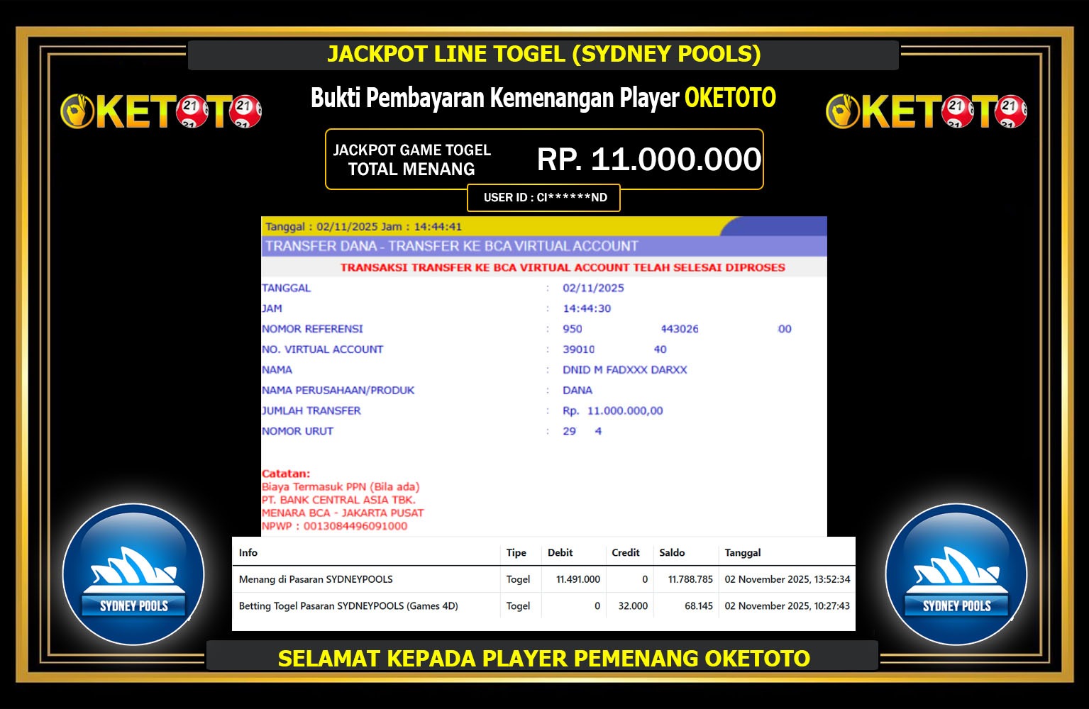 OKETOTO JACKPOT LINE TOGEL (SYDNEY POOLS) Rp.11.000.000,- LUNAS