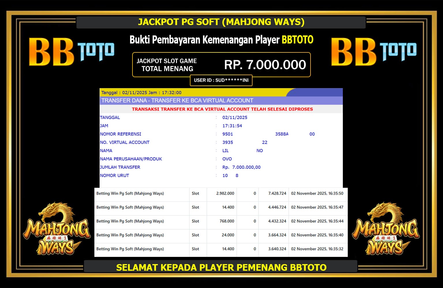 BBTOTO JACKPOT PG SOFT (MAHJONG WAYS) Rp.7.000.000,- LUNAS