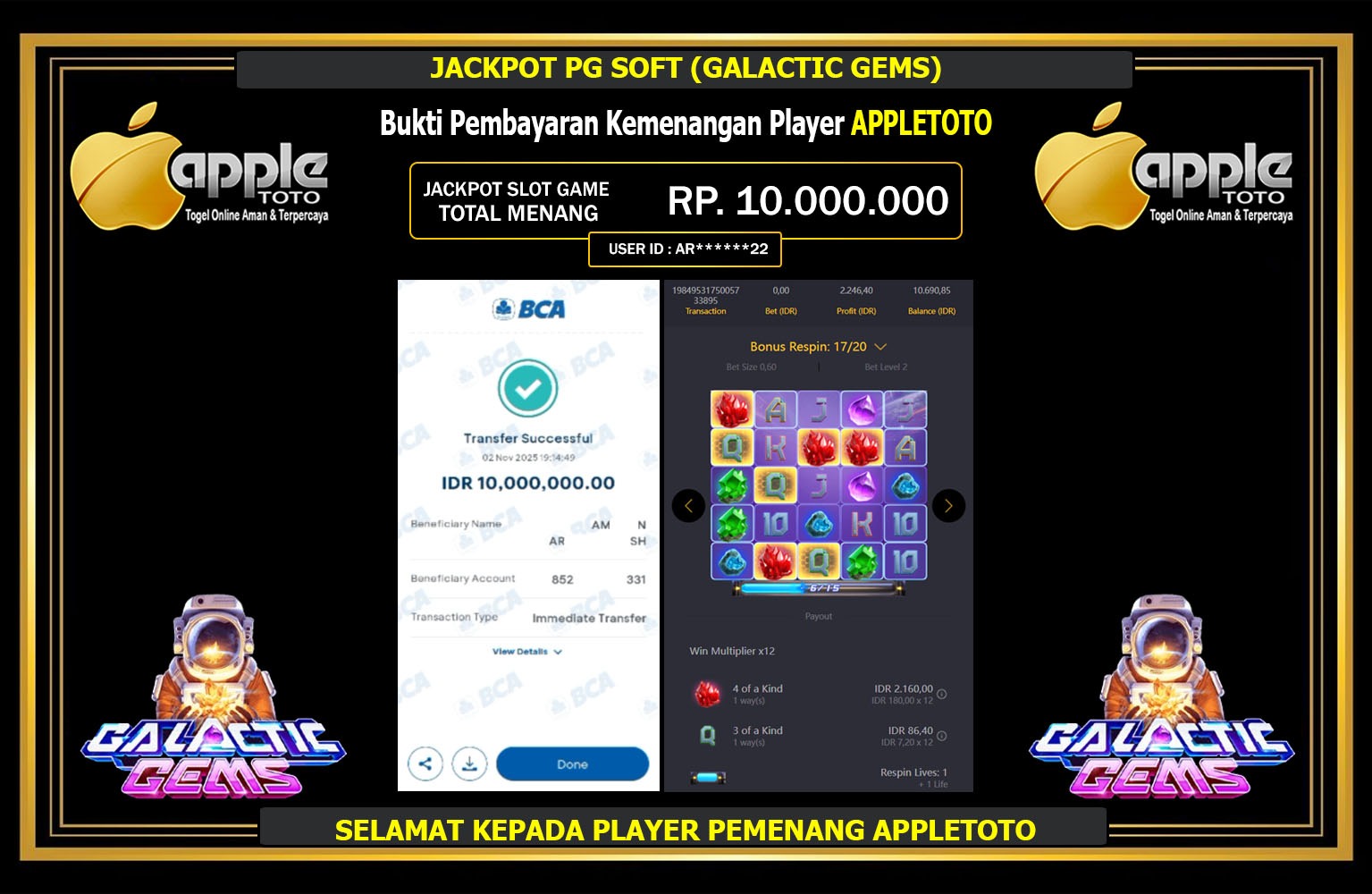 APPLETOTO JACKPOT PG SOFT (GALACTIC GEMS) Rp.10.000.000,- LUNAS