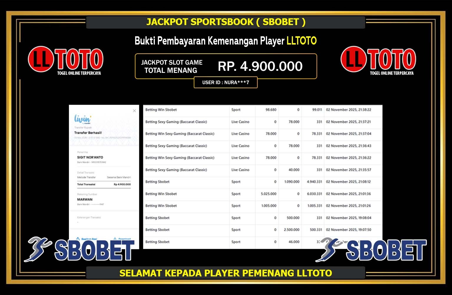 LLTOTO JACKPOT SPORTSBOOK (SBOBET) Rp.4.900.000,- LUNAS