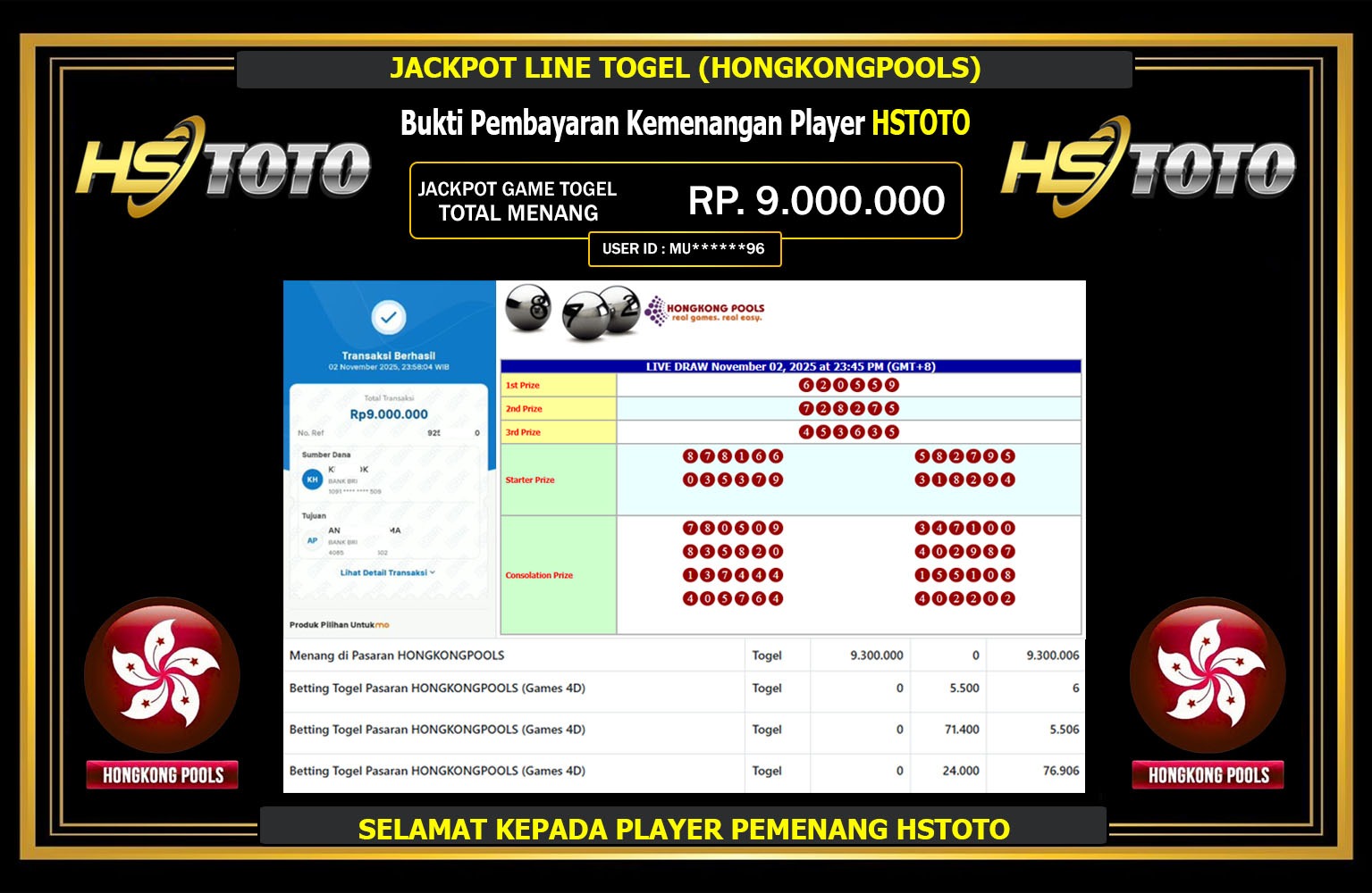HSTOTO JACKPOT LINE TOGEL (HONGKONG POOLS) Rp.9.000.000,- LUNAS