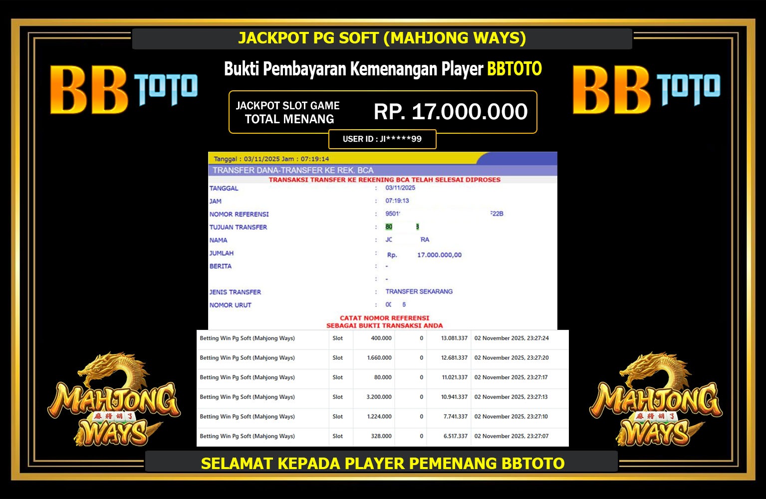 BBTOTO JACKPOT PG SOFT (MAHJONG WAYS) Rp.17.000.000,- LUNAS