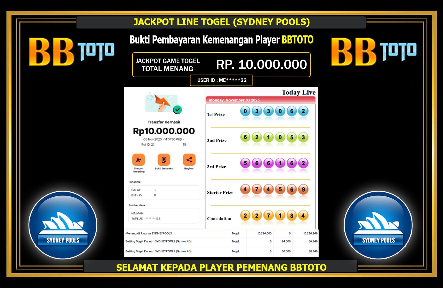 BBTOTO JACKPOT LINE TOGEL (SYDNEY POOLS) Rp.10.000.000,- LUNAS