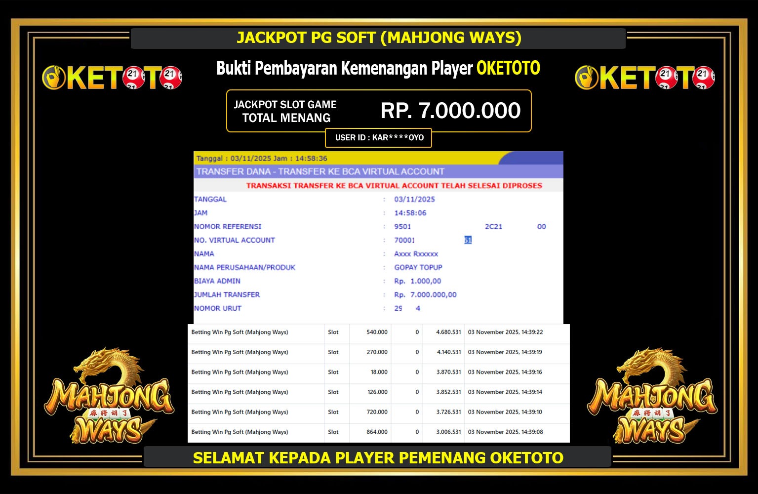 OKETOTO JACKPOT PG SOFT (MAHJONG WAYS) Rp.7.000.000,- LUNAS