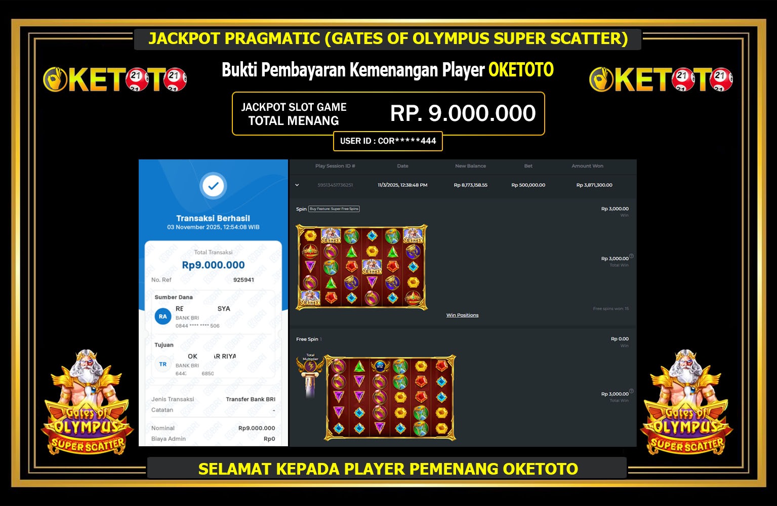 OKETOTO JACKPOT PRAGMATIC (GATES OF OLYMPUS SUPER SCATTER) Rp.9.000.000,- LUNAS