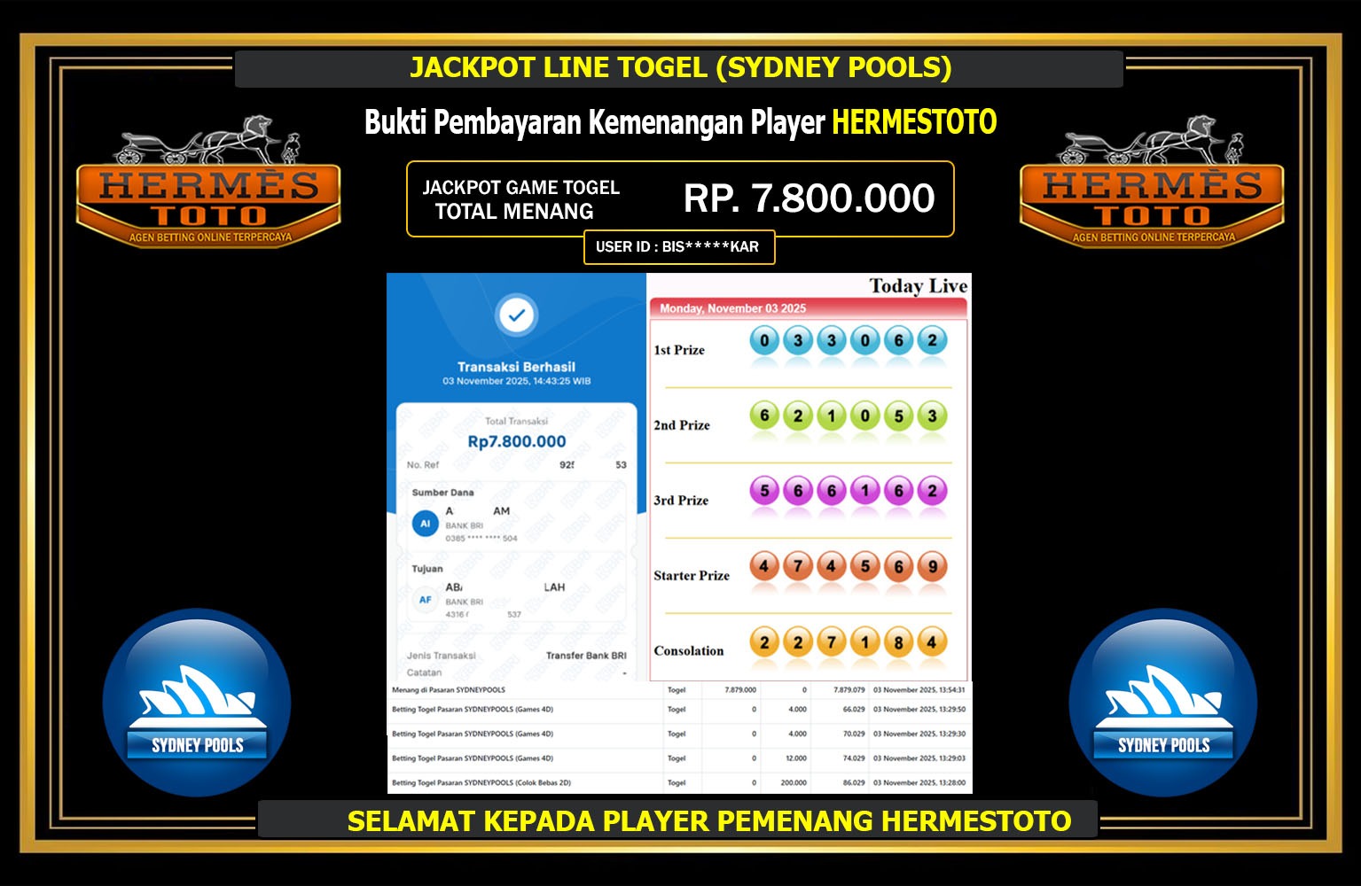 HERMESTOTO JACKPOT LINE TOGEL (SYDNEY POOLS) Rp.7.800.000,- LUNAS