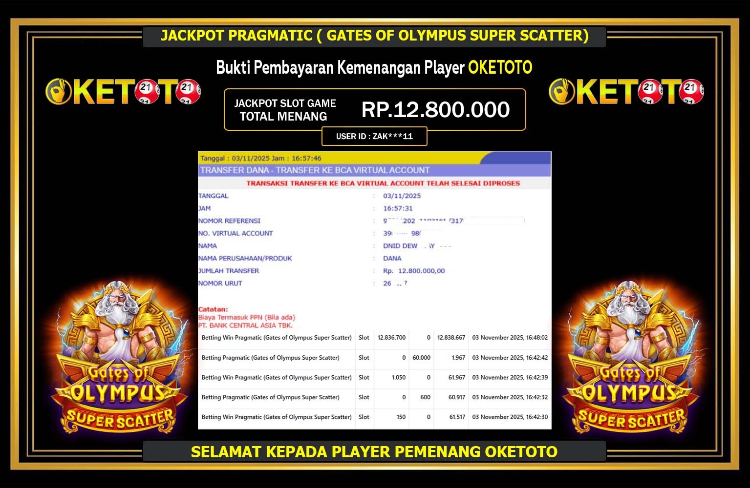 OKETOTO JACKPOT PRAGMATIC (GATES OF OLYMPUS SUPER SCATTER) Rp.12.800.000,- LUNAS