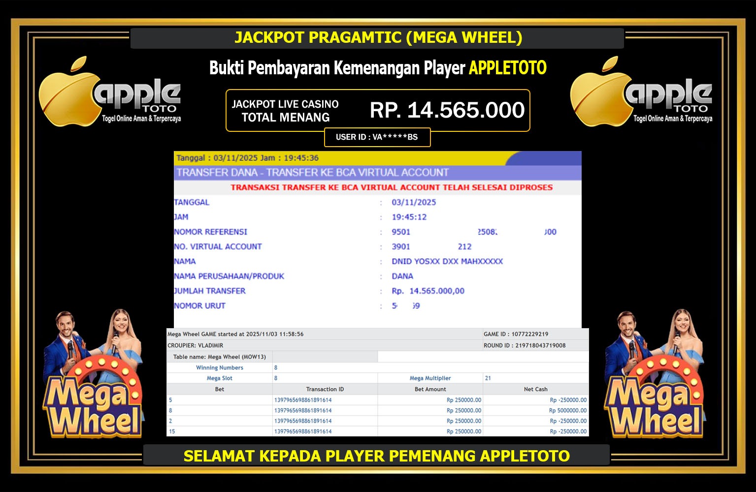 APPLETOTO JACKPOT PRAGMATIC (MEGA WHEEL) Rp.14.565.000,- LUNAS