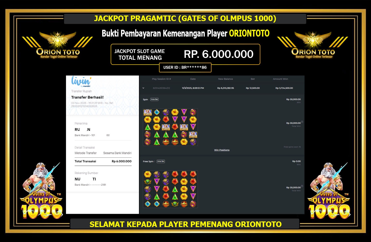 ORIONTOTO JACKPOT PRAGMATIC (GATES OF OLYMPUS 1000) Rp.6.000.000,- LUNAS