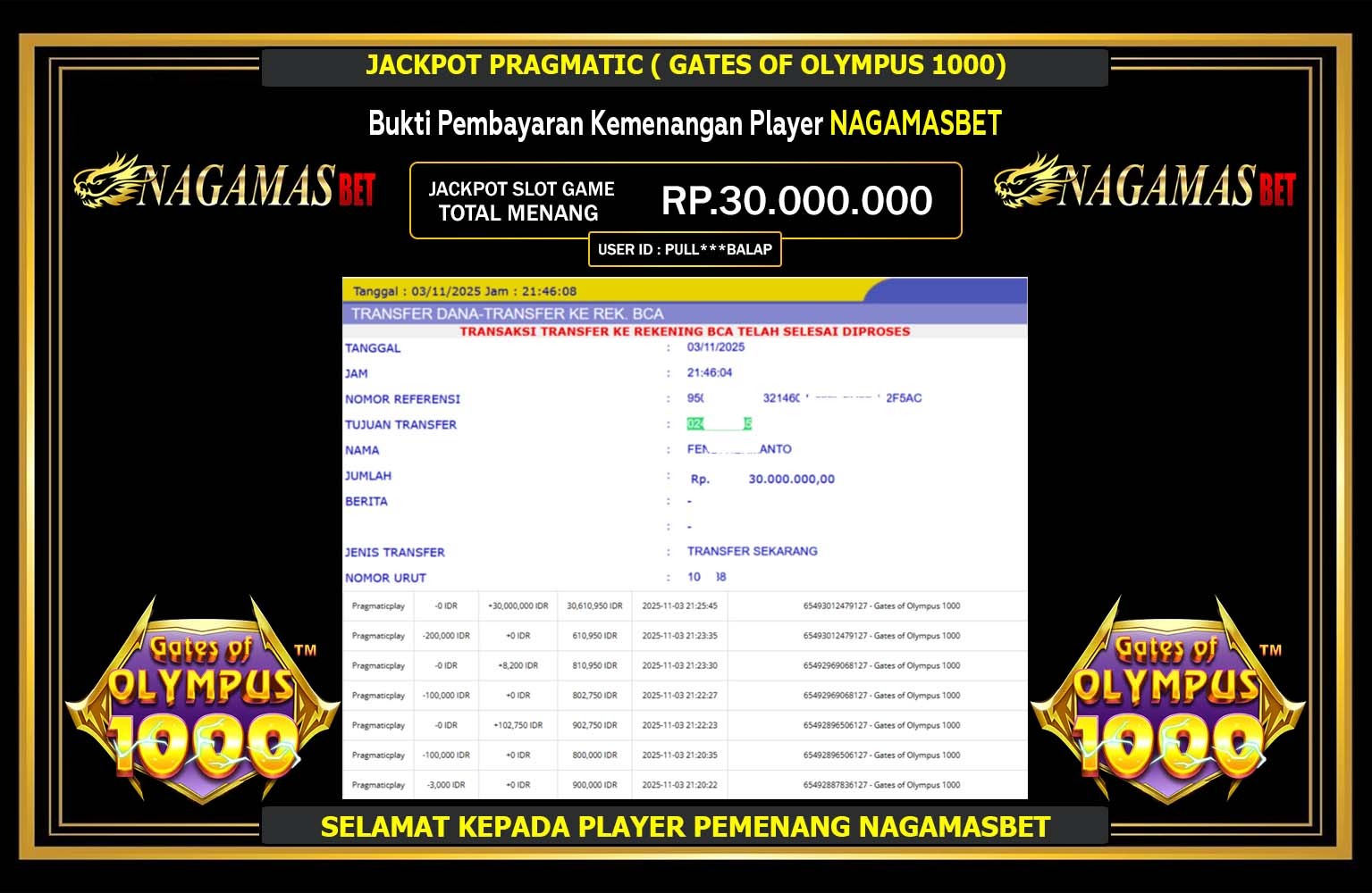 NAGAMASBET JACKPOT PRAGMATIC (GATES OF OLYMPUS 1000) Rp.30.000.000,- LUNAS