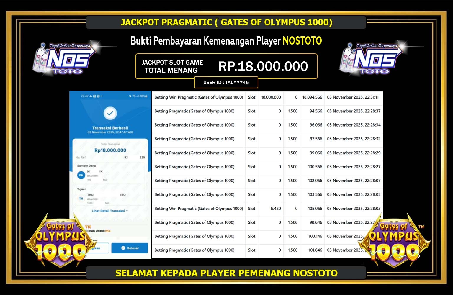 NOSTOTO JACKPOT PRAGMATIC (GATES OF OLYMPUS 1000) Rp.18.000.000,- LUNAS
