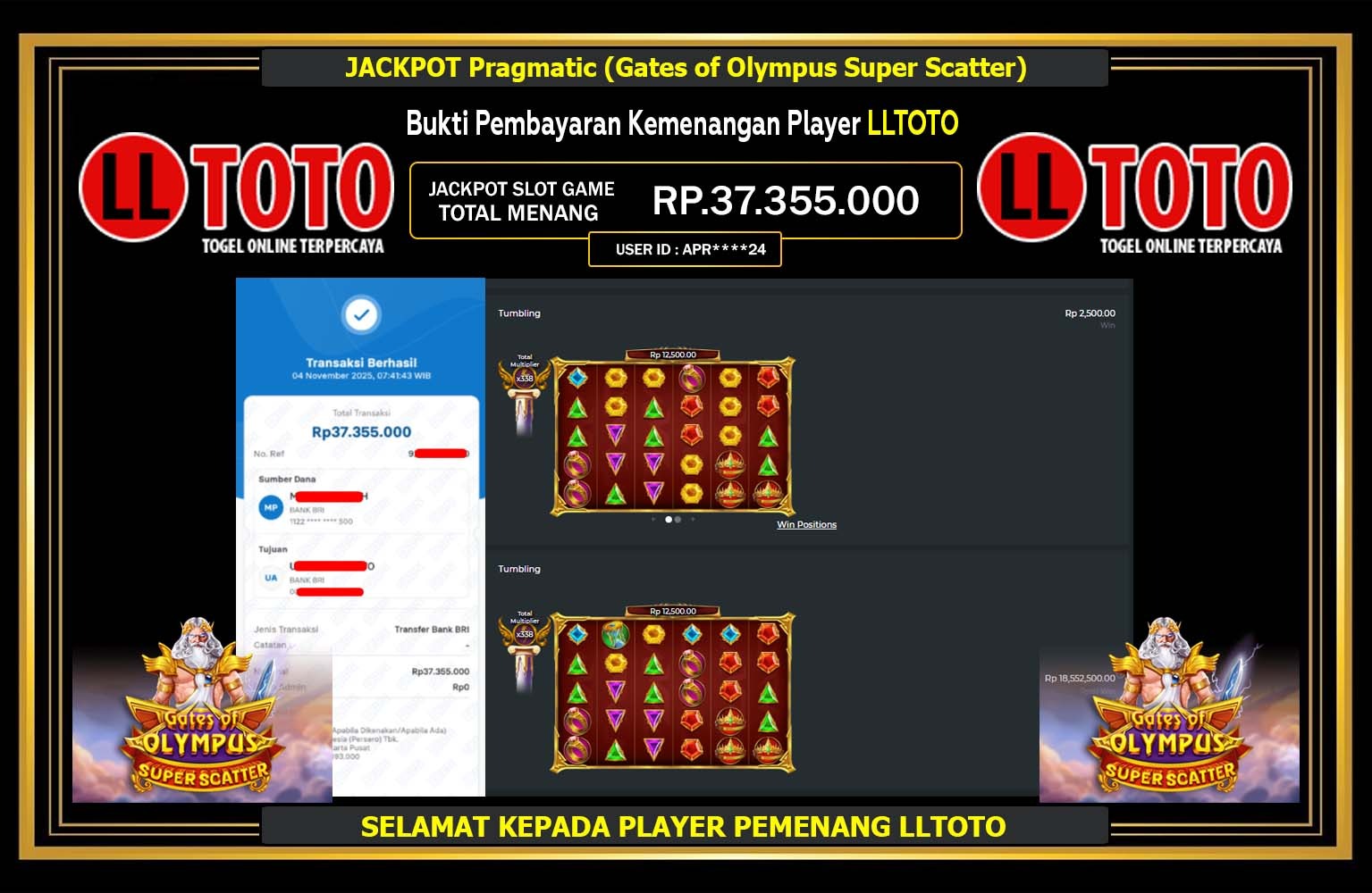 LLTOTO JACKPOT Pragmatic (Gates of Olympus Super Scatter) Rp.37.355.000,- LUNAS