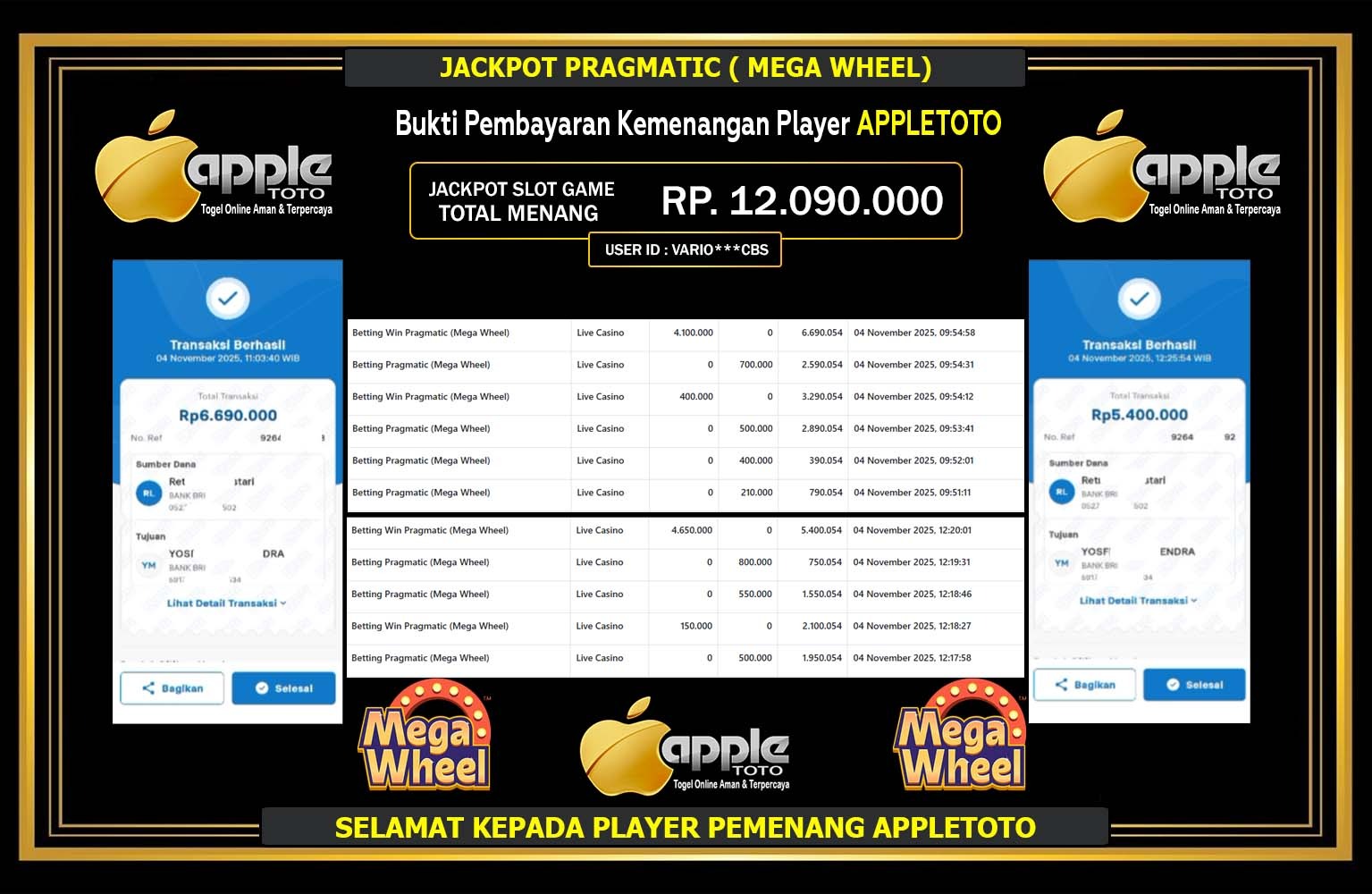 APPLETOTO JACKPOT PRAGMATIC (MEGA WHEEL) Rp.12.090.000,- LUNAS