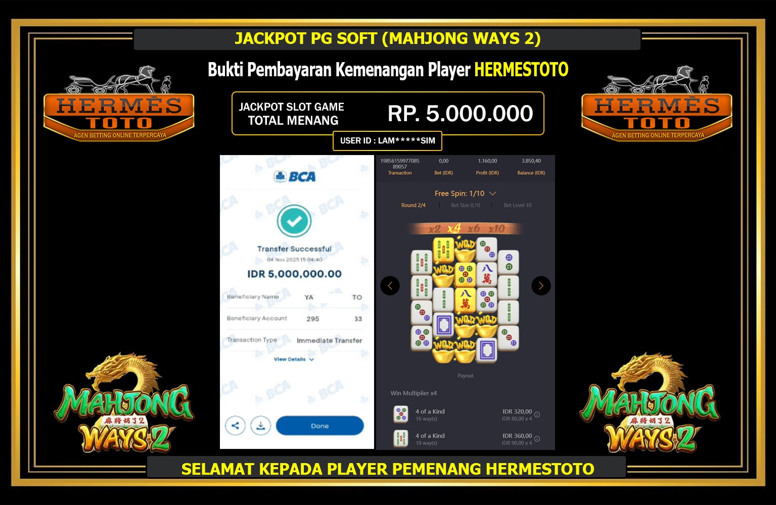 HERMESTOTO JACKPOT PG SOFT (MAHJONG WAYS 2) Rp.5.000.000,- LUNAS