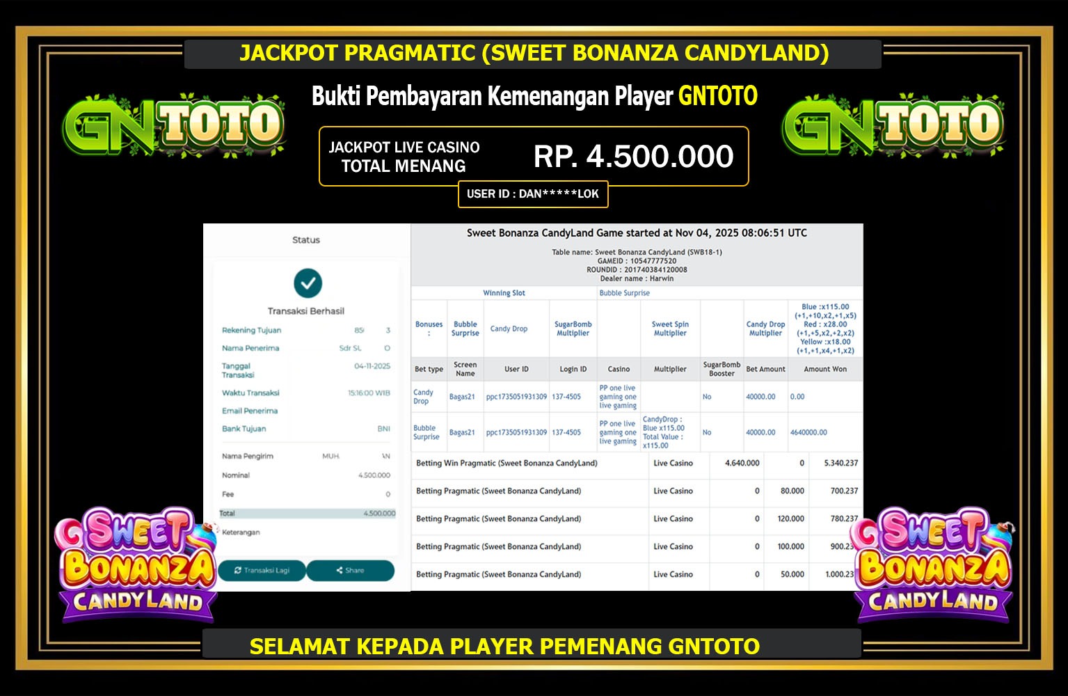 GNTOTO JACKPOT PRAGMATIC (SWEET BONANZA CANDYLAND) Rp.4.500.000,- LUNAS