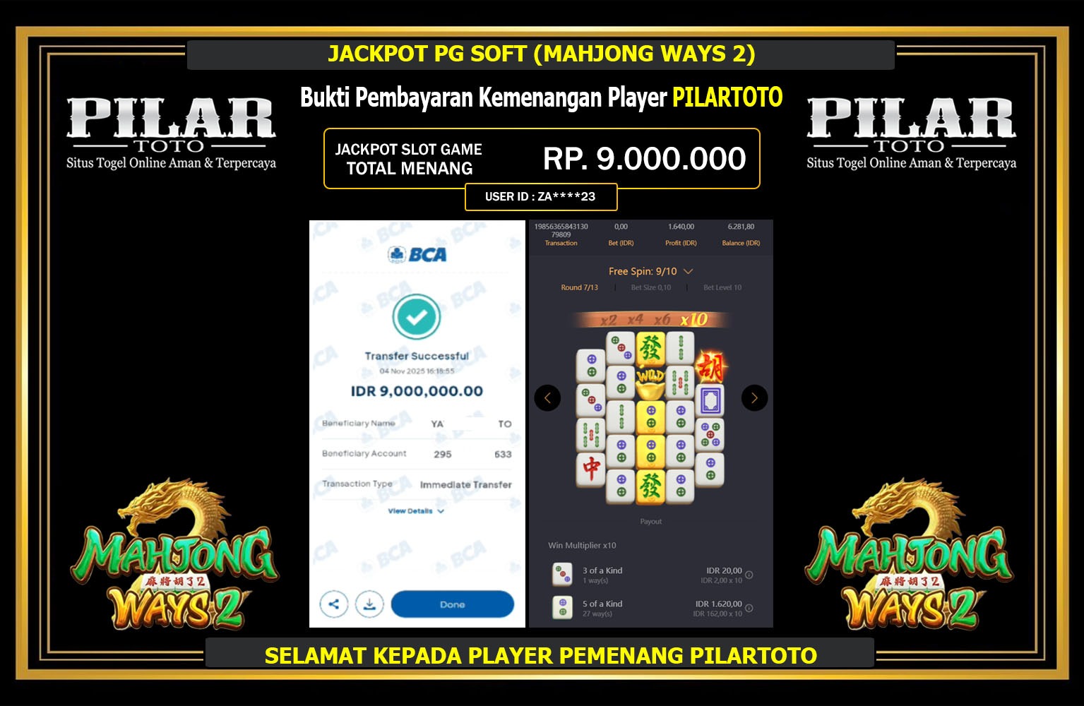 PILARTOTO JACKPOT PG SOFT (MAHJONG WAYS 2) Rp.9.000.000,- LUNAS