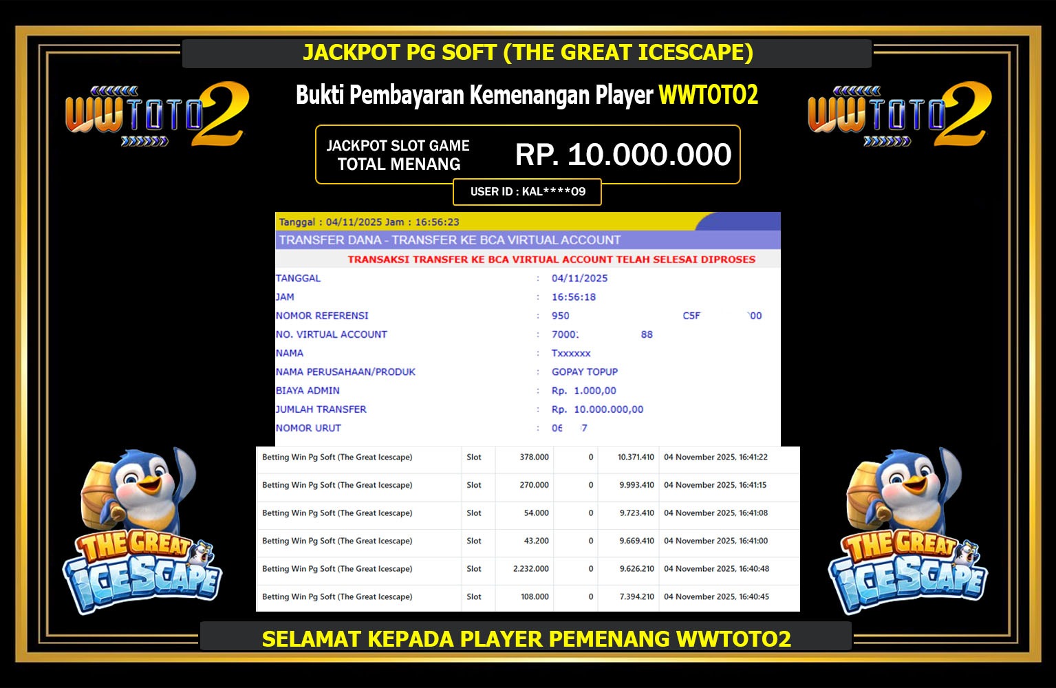 WWTOTO2 JACKPOT PG SOFT (THE GREAT ICESCAPE) Rp.10.000.000,- LUNAS