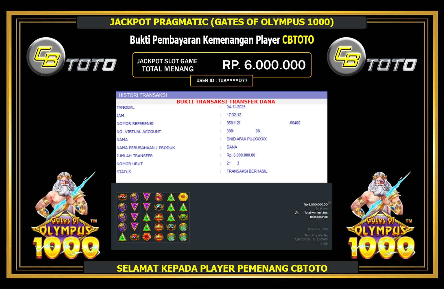 CBTOTO JACKPOT PRAGMATIC (GATES OF OLYMPUS 1000) Rp.6.000.000,- LUNAS