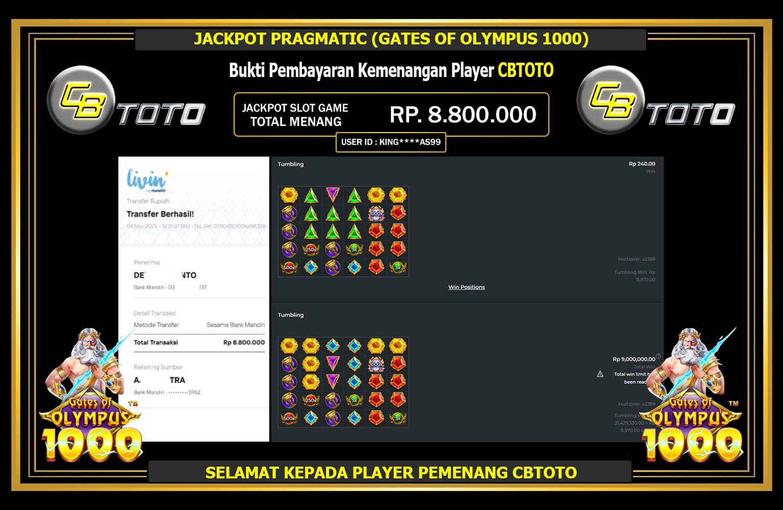 CBTOTO JACKPOT PRAGMATIC (GATES OF OLYMPUS 1000) Rp.8.800.000,- LUNAS