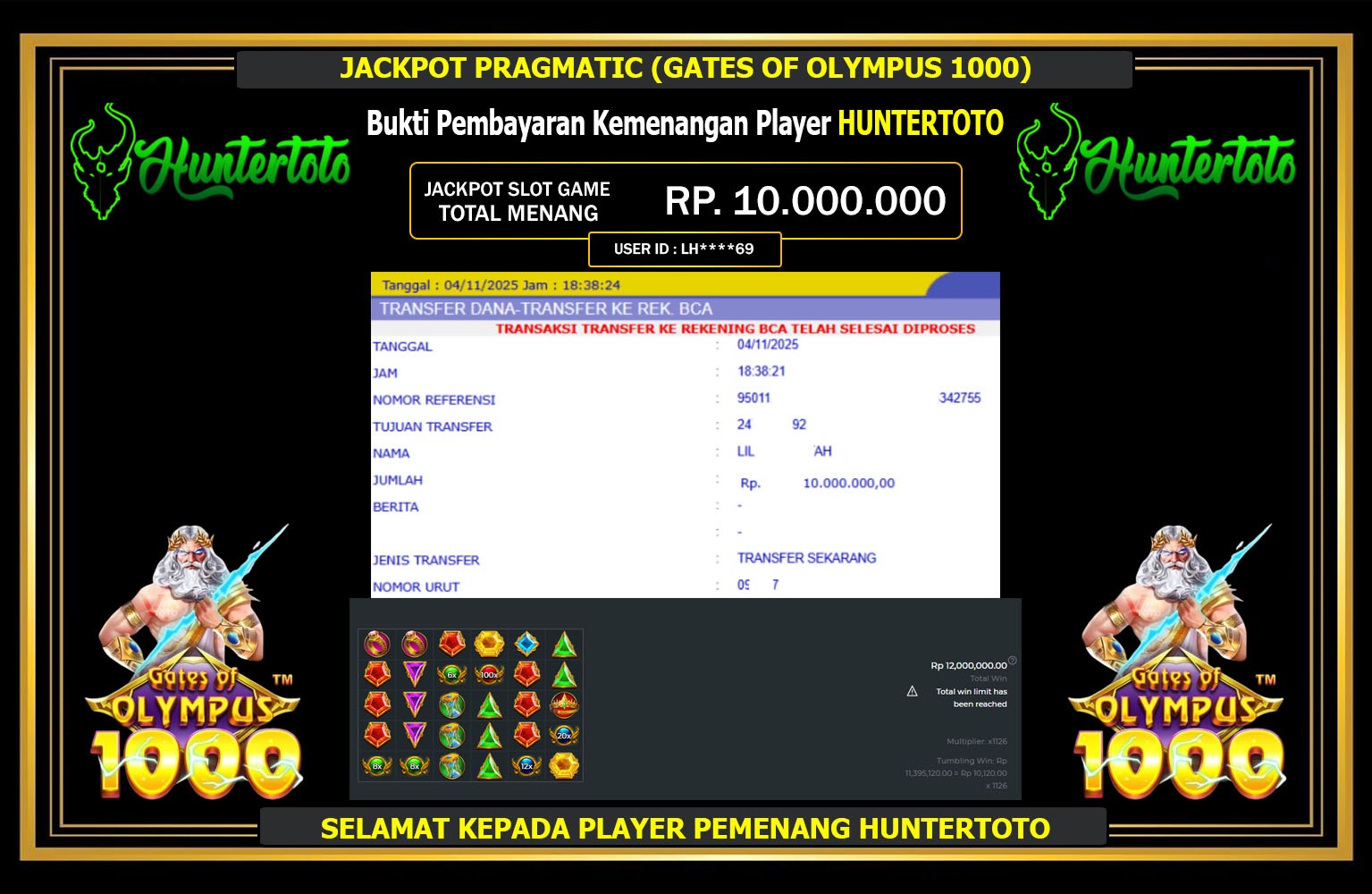 HUNTERTOTO JACKPOT PRAGMATIC (GATES OF OLYMPUS 1000) Rp.10.000.000,- LUNAS