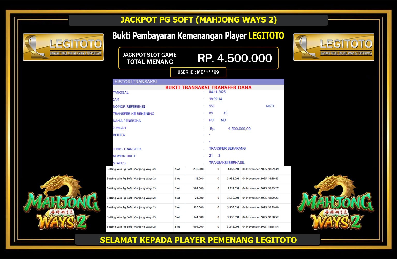 LEGITOTO JACKPOT PG SOFT (MAHJONG WAYS 2) Rp.4.500.000,- LUNAS