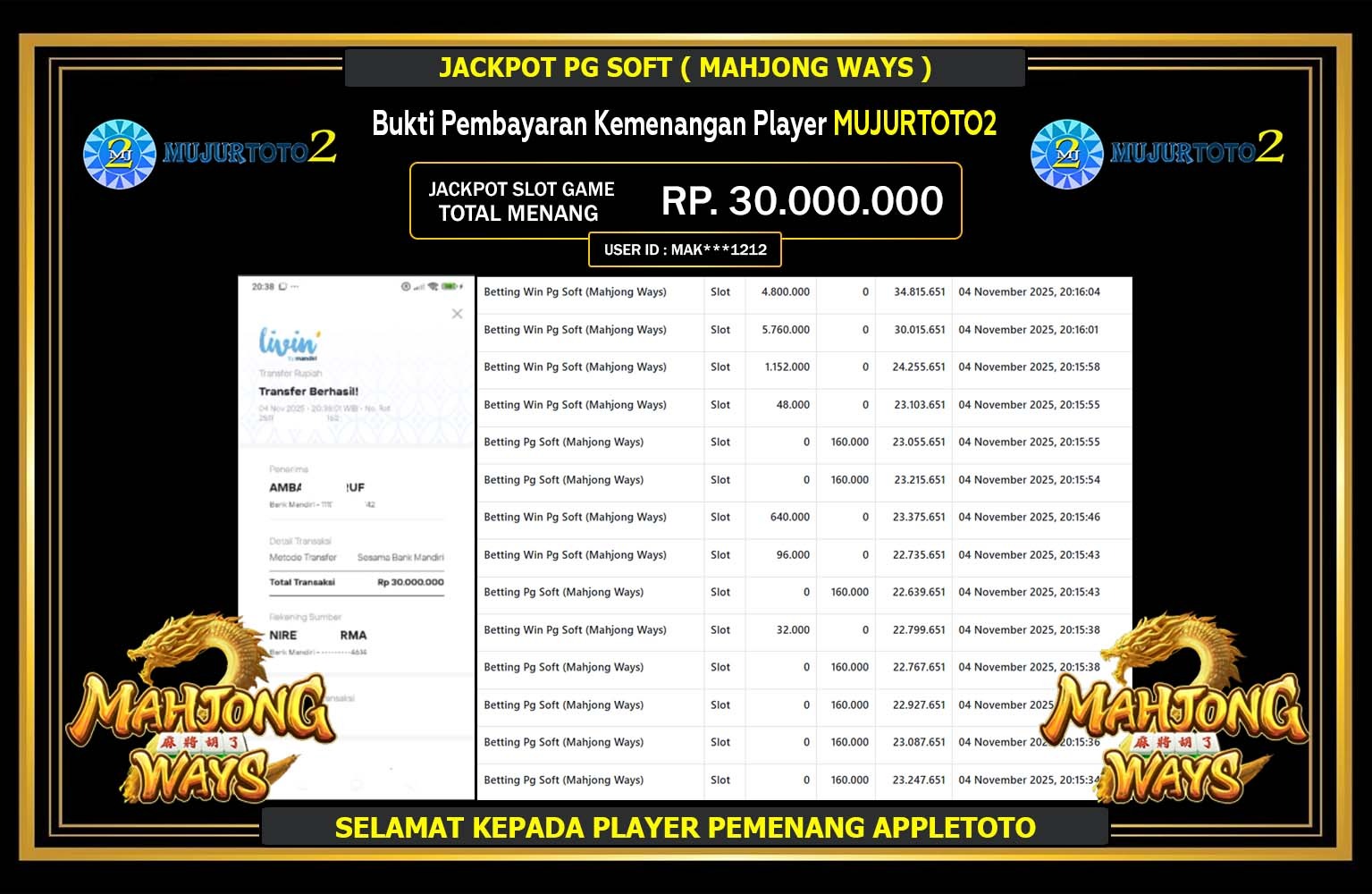 MUJURTOTO2 JACKPOT PG SOFT (MAHJONG WAYS ) Rp.30.000.000,- LUNAS